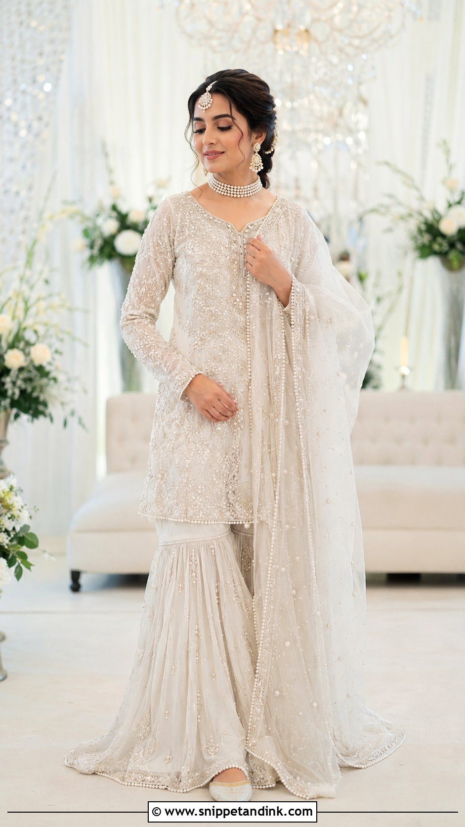 White Nikkah Gharara With Pearl Work - Snippet and Ink - 20 White Nikkah Dress Pakistani Bridal Ideas