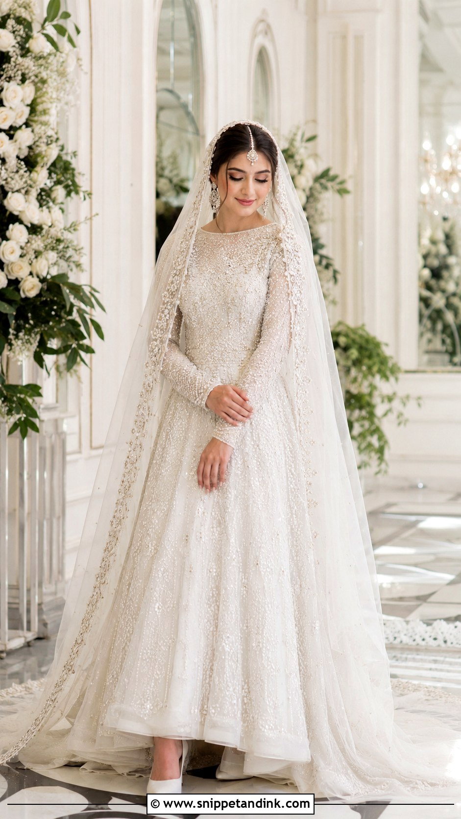 White Nikkah Gown With Embroidered Veil - Snippet and Ink - 20 White Nikkah Dress Pakistani Bridal Ideas
