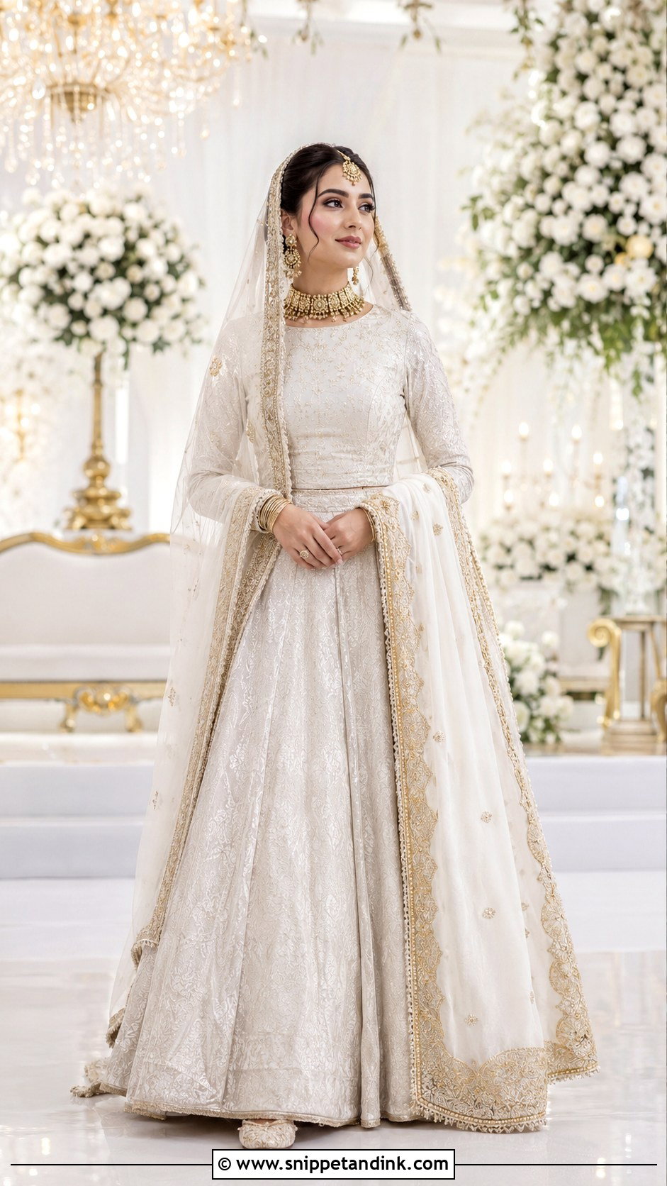 White Nikkah Jamawar Lehenga With Velvet Shawl - Snippet and Ink - 20 White Nikkah Dress Pakistani Bridal Ideas