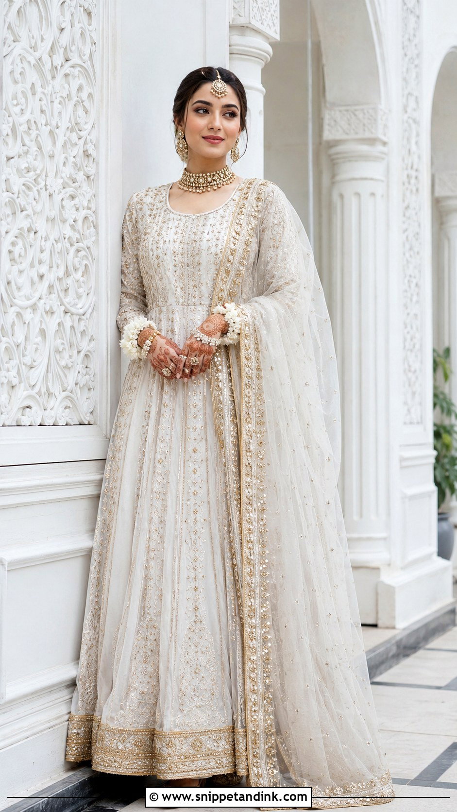 White Nikkah Kalidar With Kundan Jewelry - Snippet and Ink - 20 White Nikkah Dress Pakistani Bridal Ideas