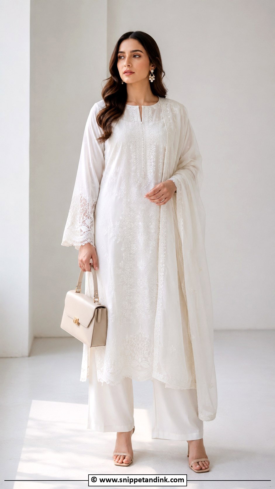White Nikkah Kurta With Wide Leg Pants - Snippet and Ink - 30 Nikkah Look Ideas