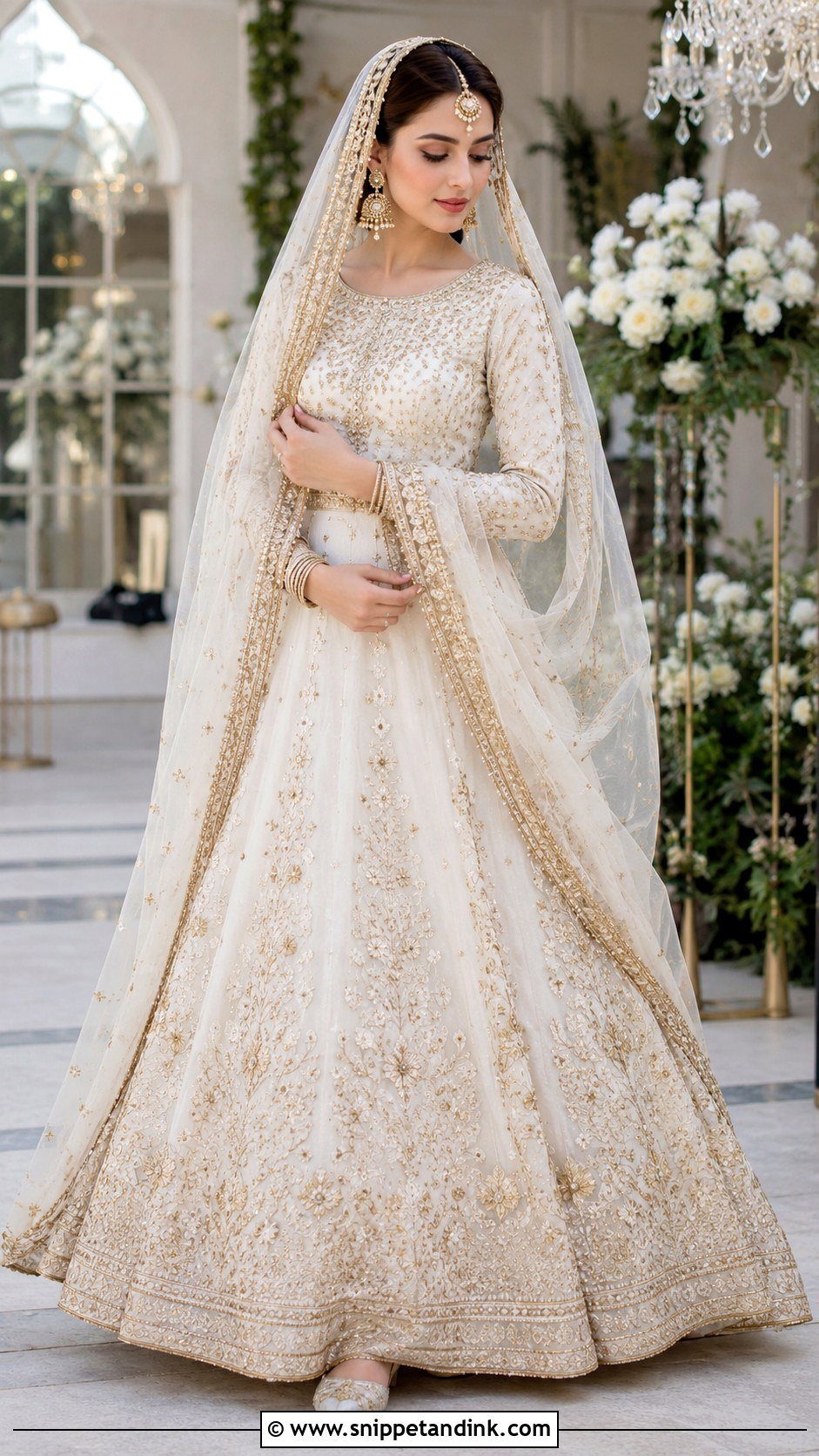 White Nikkah Lehenga With Gold Embroidery - Snippet and Ink - 20 White Nikkah Dress Pakistani Bridal Ideas