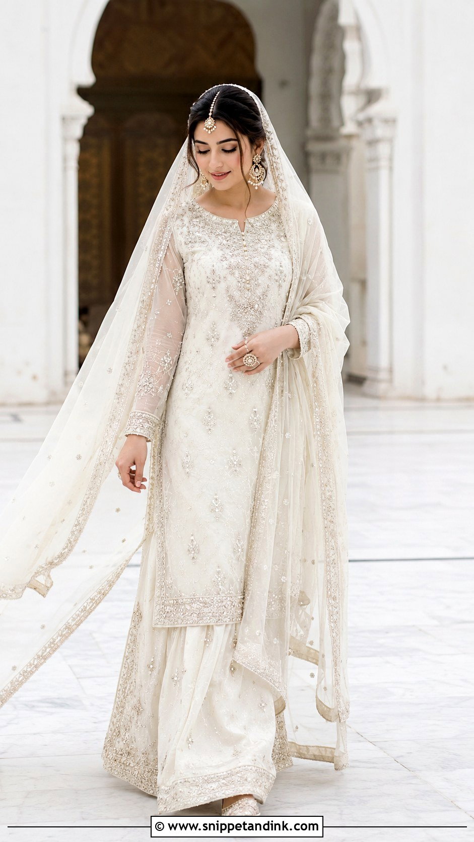 White Nikkah Long Shirt With Lehenga - Snippet and Ink - 20 White Nikkah Dress Pakistani Bridal Ideas