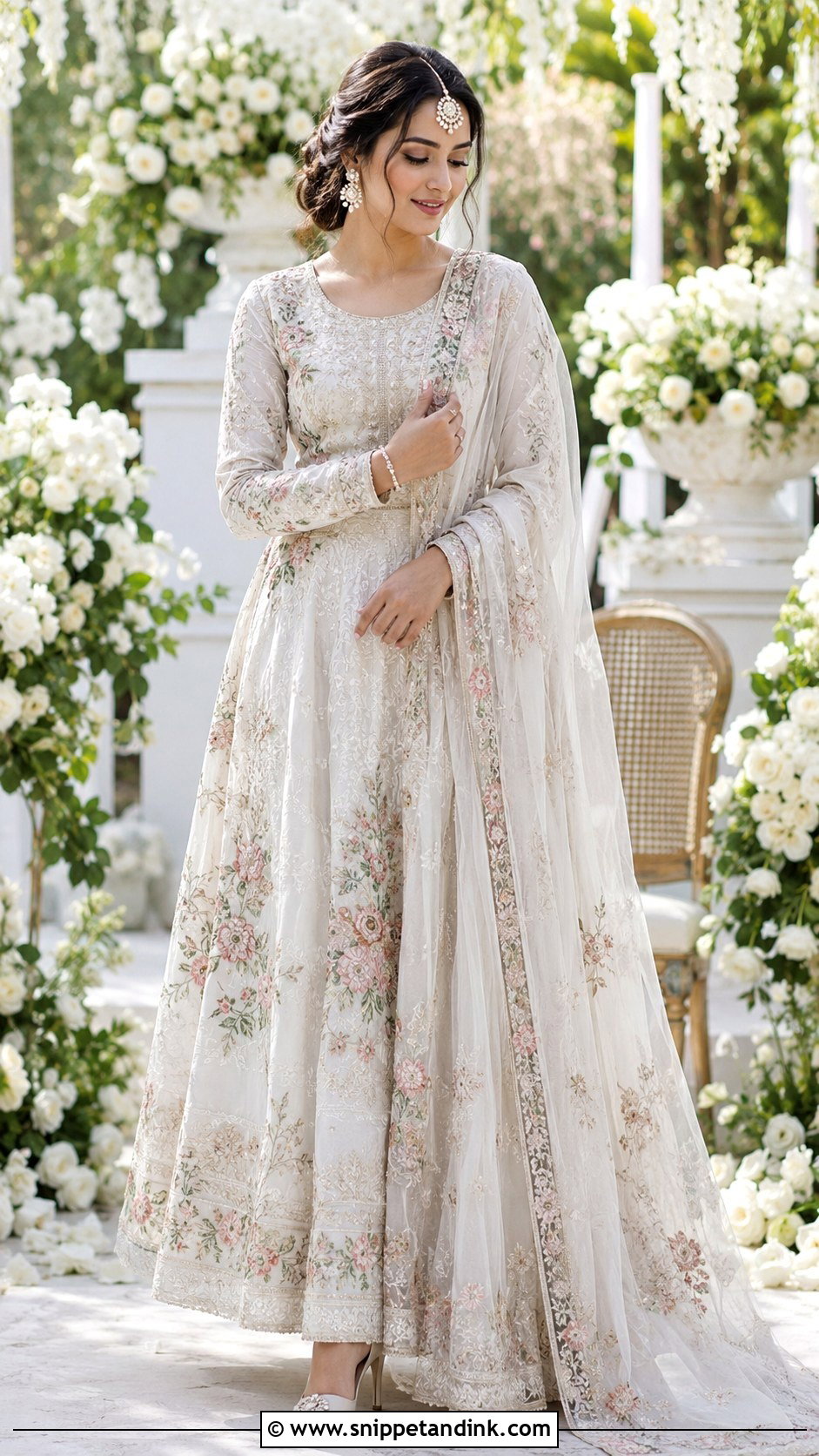 White Nikkah Maxi With Floral Embroidery - Snippet and Ink - 20 White Nikkah Dress Pakistani Bridal Ideas