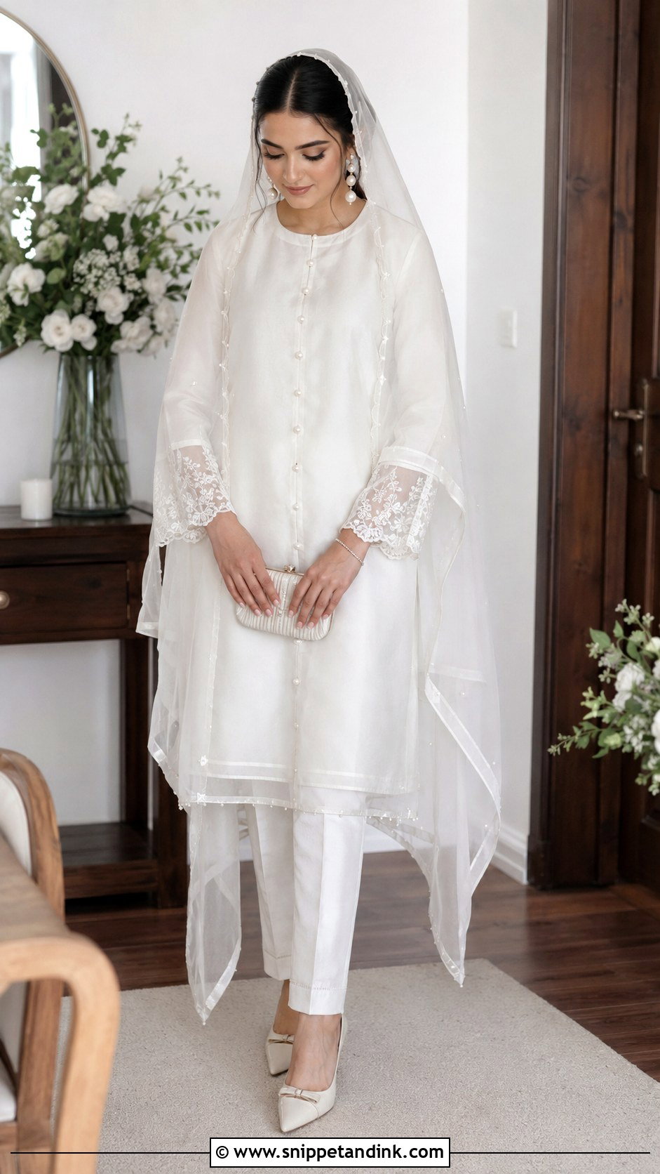 White Nikkah Organza Shirt With Straight Trousers - Snippet and Ink - 20 White Nikkah Dress Pakistani Bridal Ideas