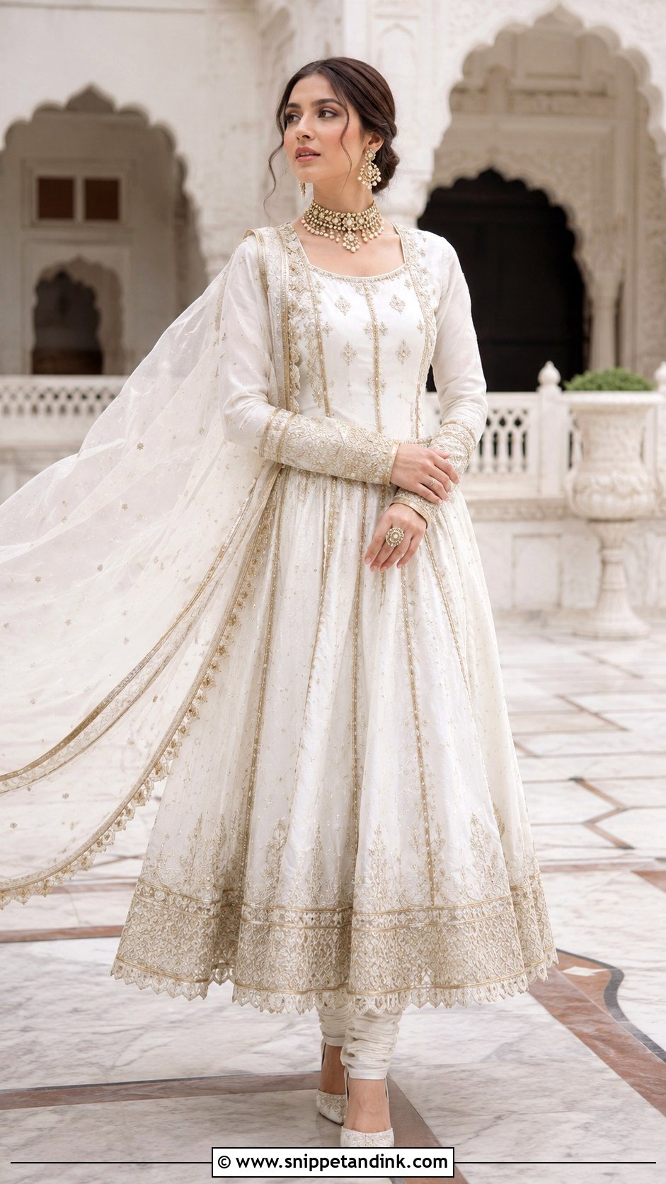 White Nikkah Pishwas With Chiffon Dupatta - Snippet and Ink - 20 White Nikkah Dress Pakistani Bridal Ideas