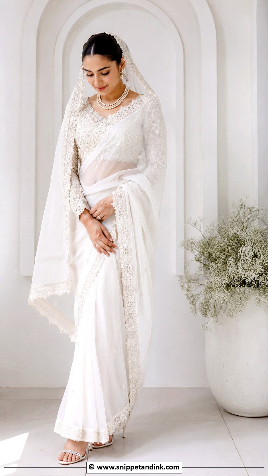 White Nikkah Saree With Embellished Blouse - Snippet and Ink - 30 Pakistani Nikkah Dress Ideas