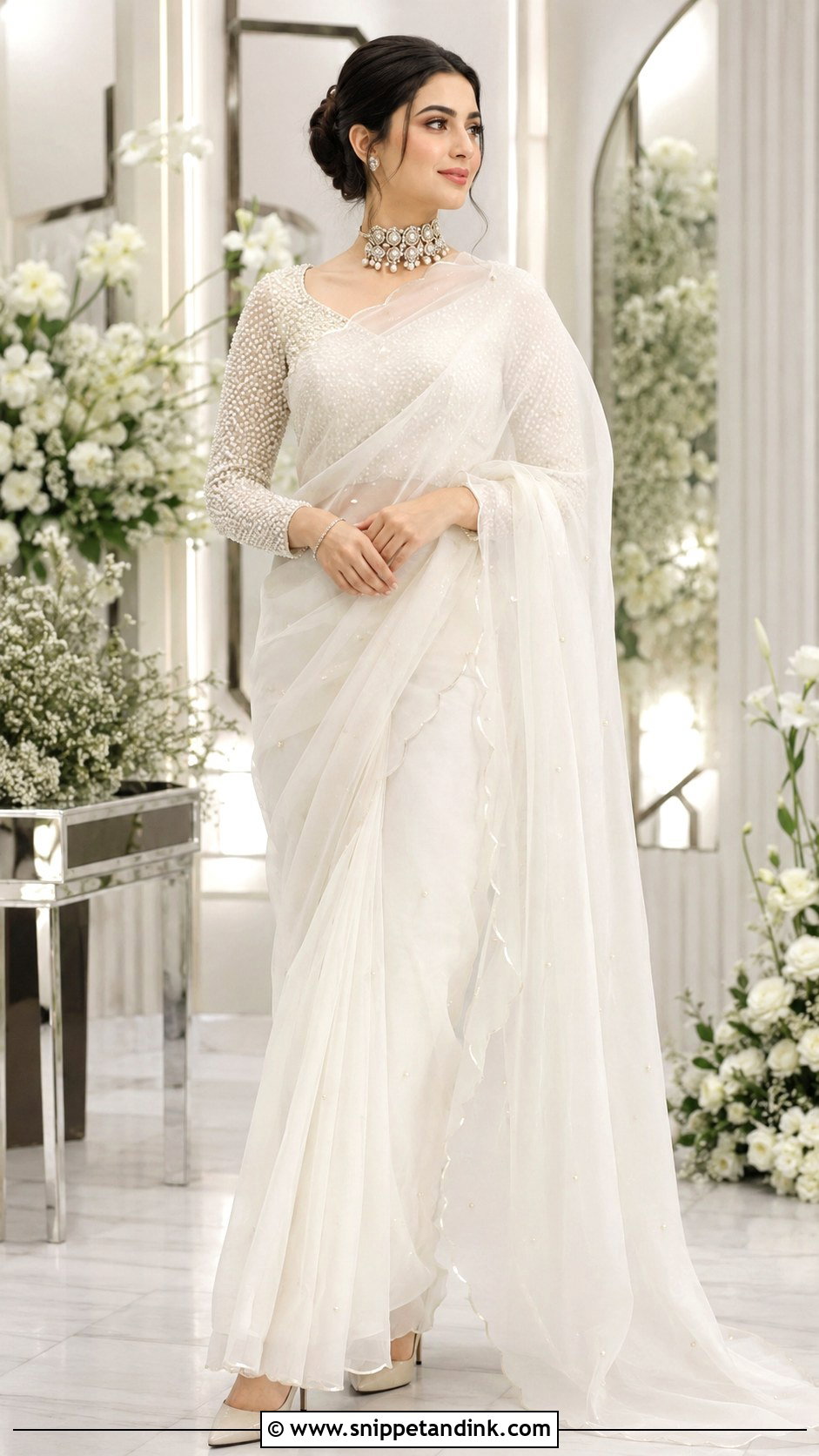 White Nikkah Saree With Pearl Blouse - Snippet and Ink - 20 White Nikkah Dress Pakistani Bridal Ideas
