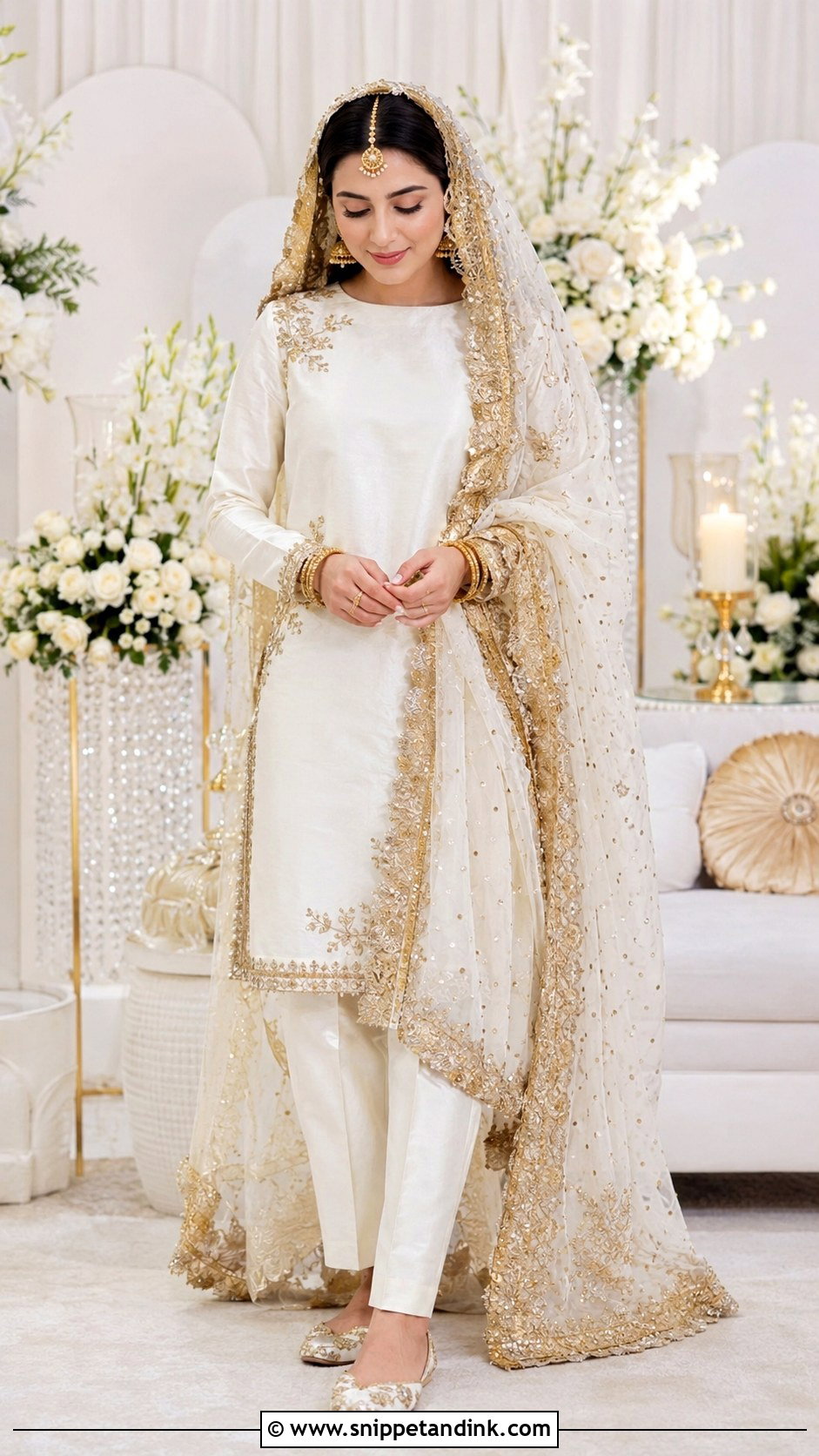 White Nikkah Shalwar Kameez With Gold Dupatta - Snippet and Ink - 20 White Nikkah Dress Pakistani Bridal Ideas