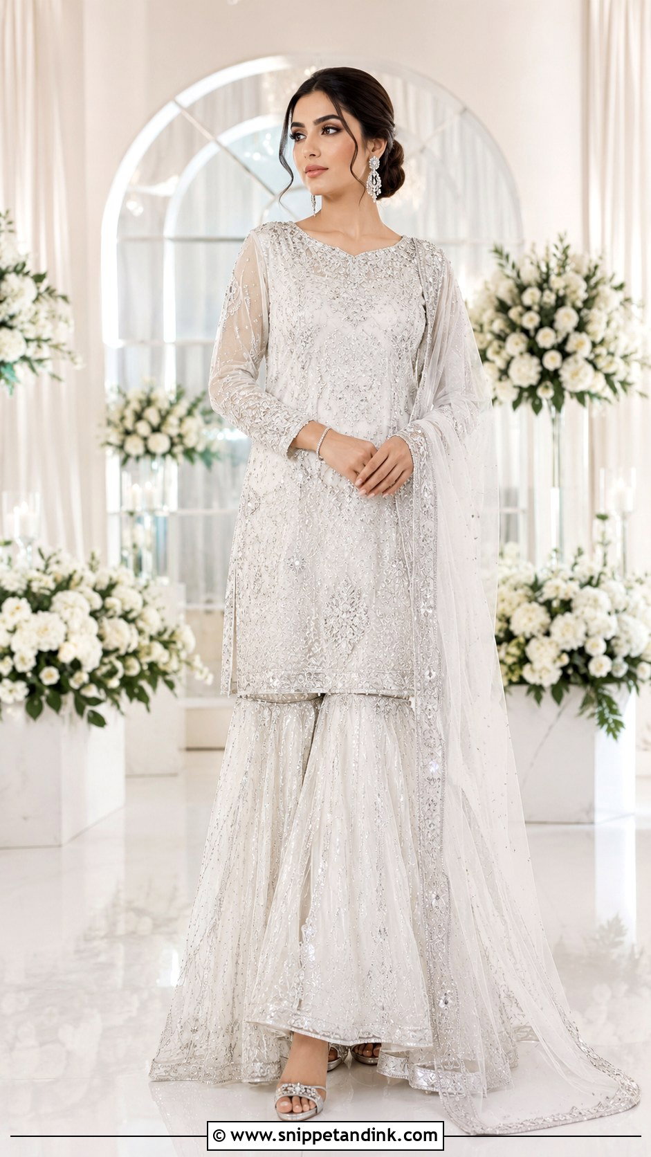 White Nikkah Sharara With Silver Details - Snippet and Ink - 20 White Nikkah Dress Pakistani Bridal Ideas