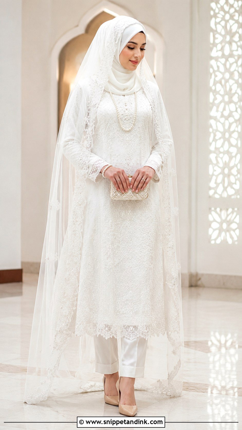 White Nikkah Suit With Dupatta - Snippet and Ink - 30 Islamic Nikkah Outfit Ideas