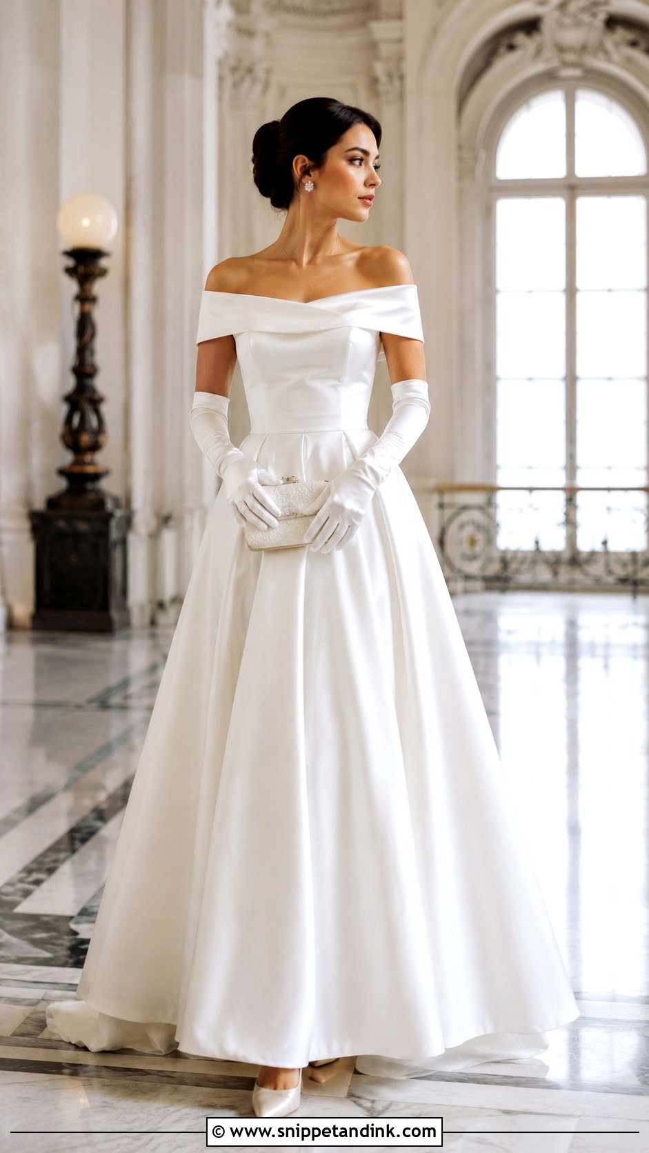 White Off Shoulder Ball Gown With White Gloves - Snippet and Ink - 25 White Ball Gown Ideas