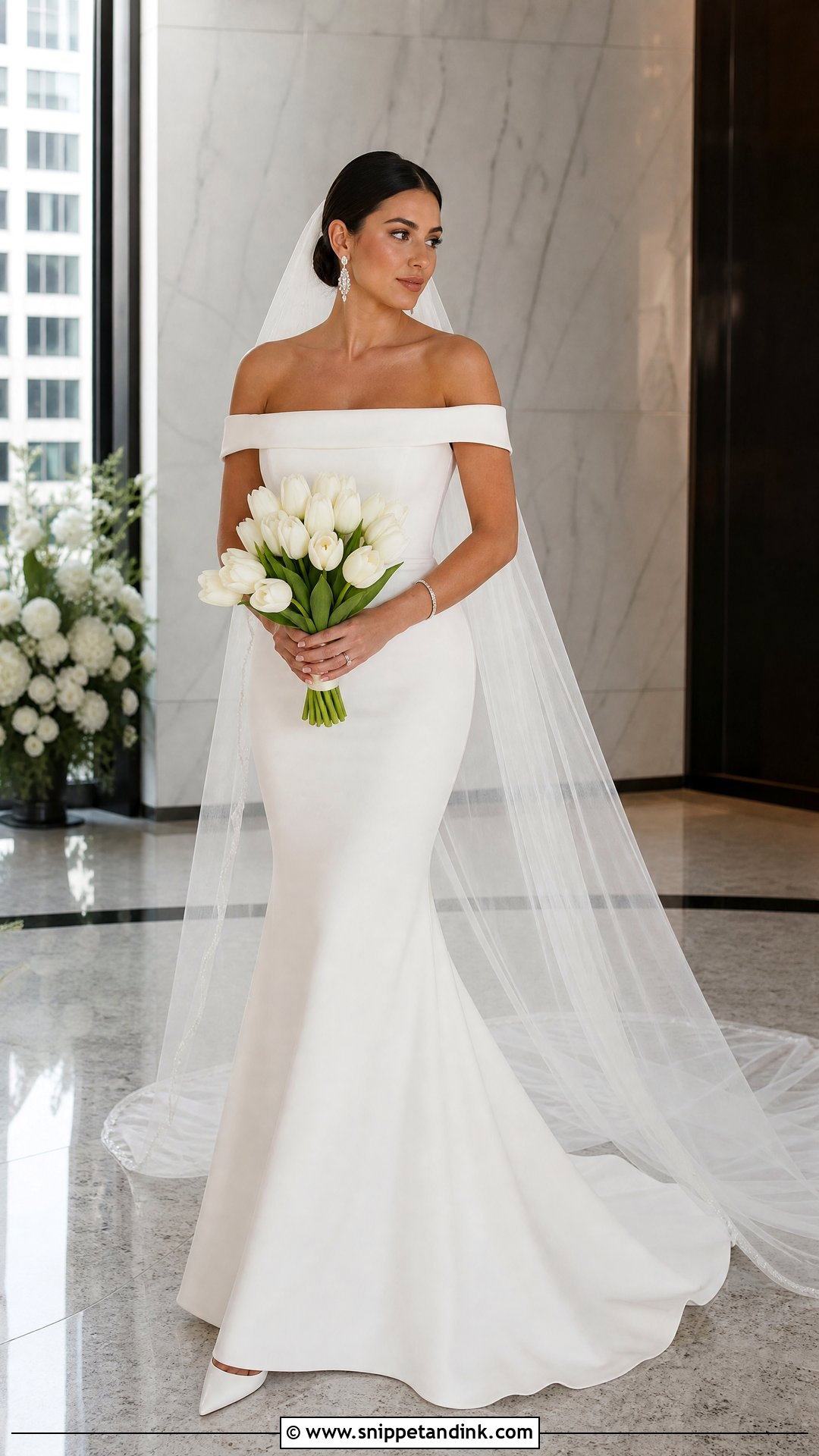 White Off Shoulder Crepe Mermaid Wedding Dress - Snippet and Ink - 20 White Mermaid Wedding Dress Ideas
