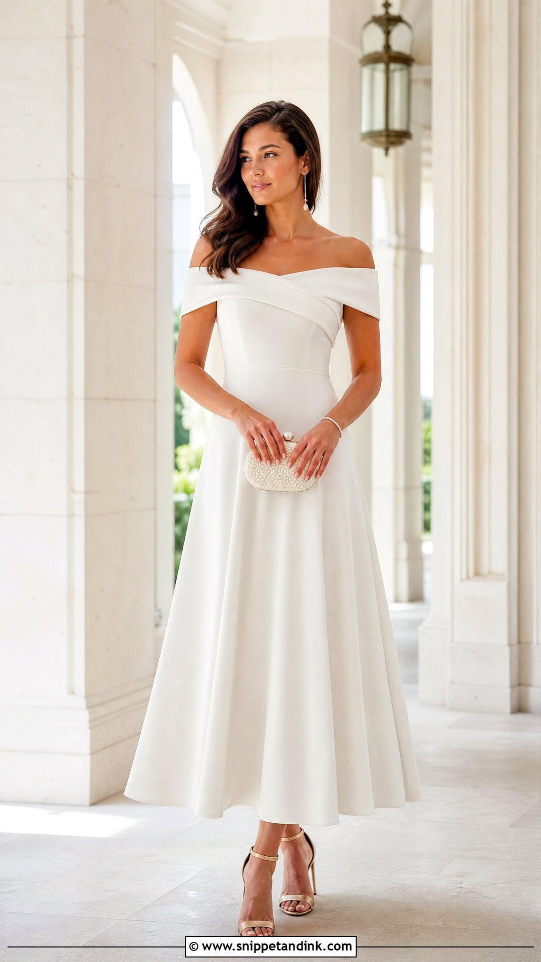 White Off Shoulder Gown With Drop Earrings - Snippet and Ink - 25 Simple White Gown Ideas