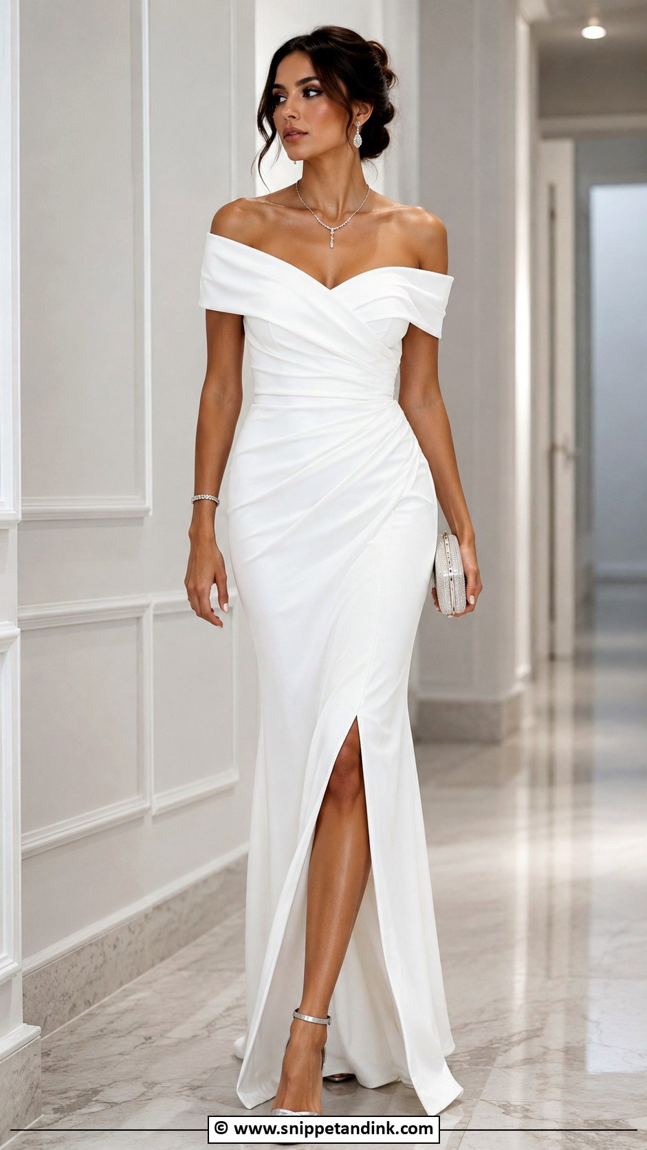 White Off Shoulder Gown With Silver Jewelry - Snippet and Ink - 30 Elegant Classy White Gowns