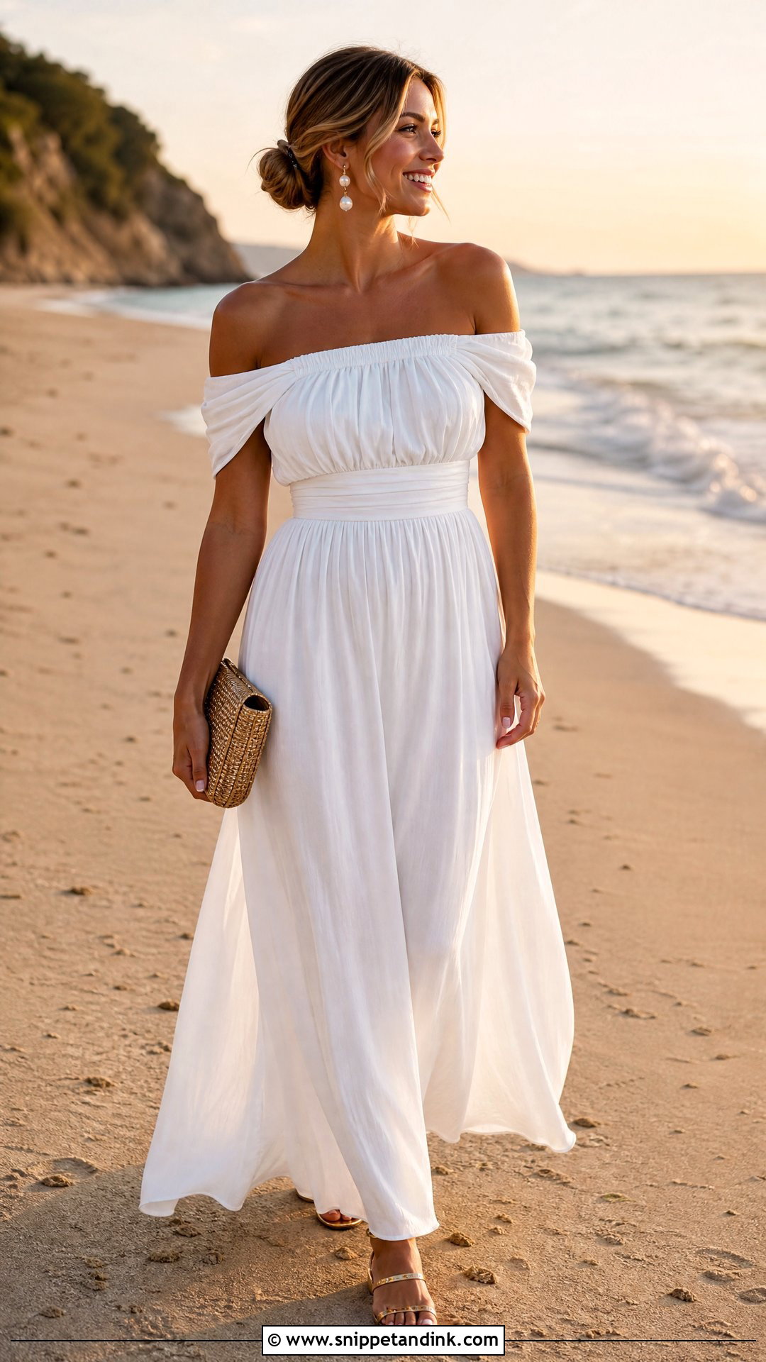 White Off Shoulder Maxi Bachelorette Outfit - Snippet and Ink - 20 Wedding Bells and Seashells Bachelorette Outfits