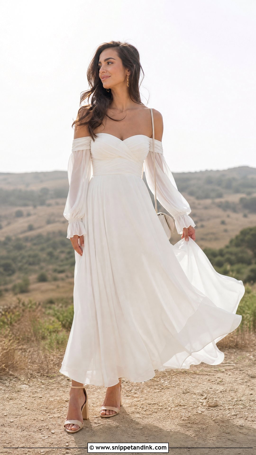 White Off Shoulder Maxi Dress Outfit - Snippet and Ink - 20 Prewedding White Dress Ideas