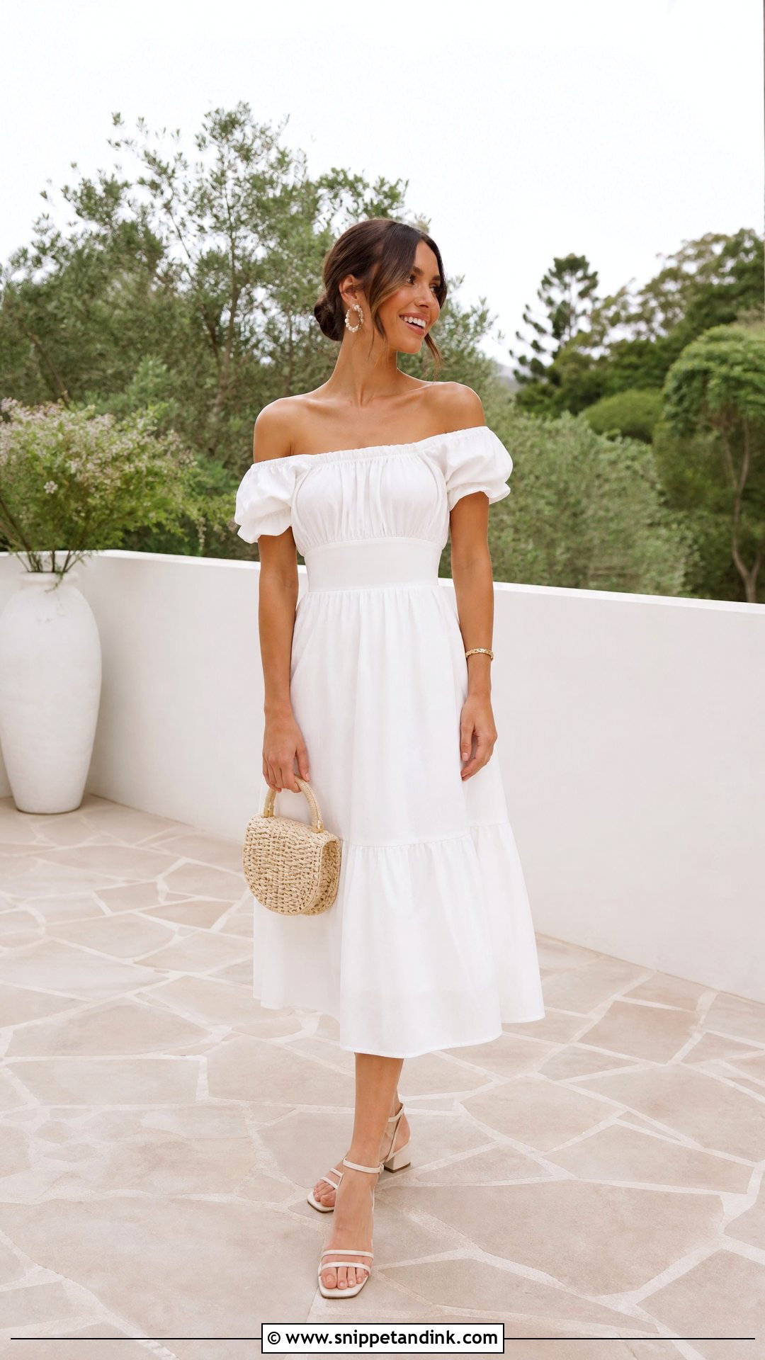 White Off Shoulder Midi Bridal Brunch Outfit - Snippet and Ink - 20 White Bridal Ideas