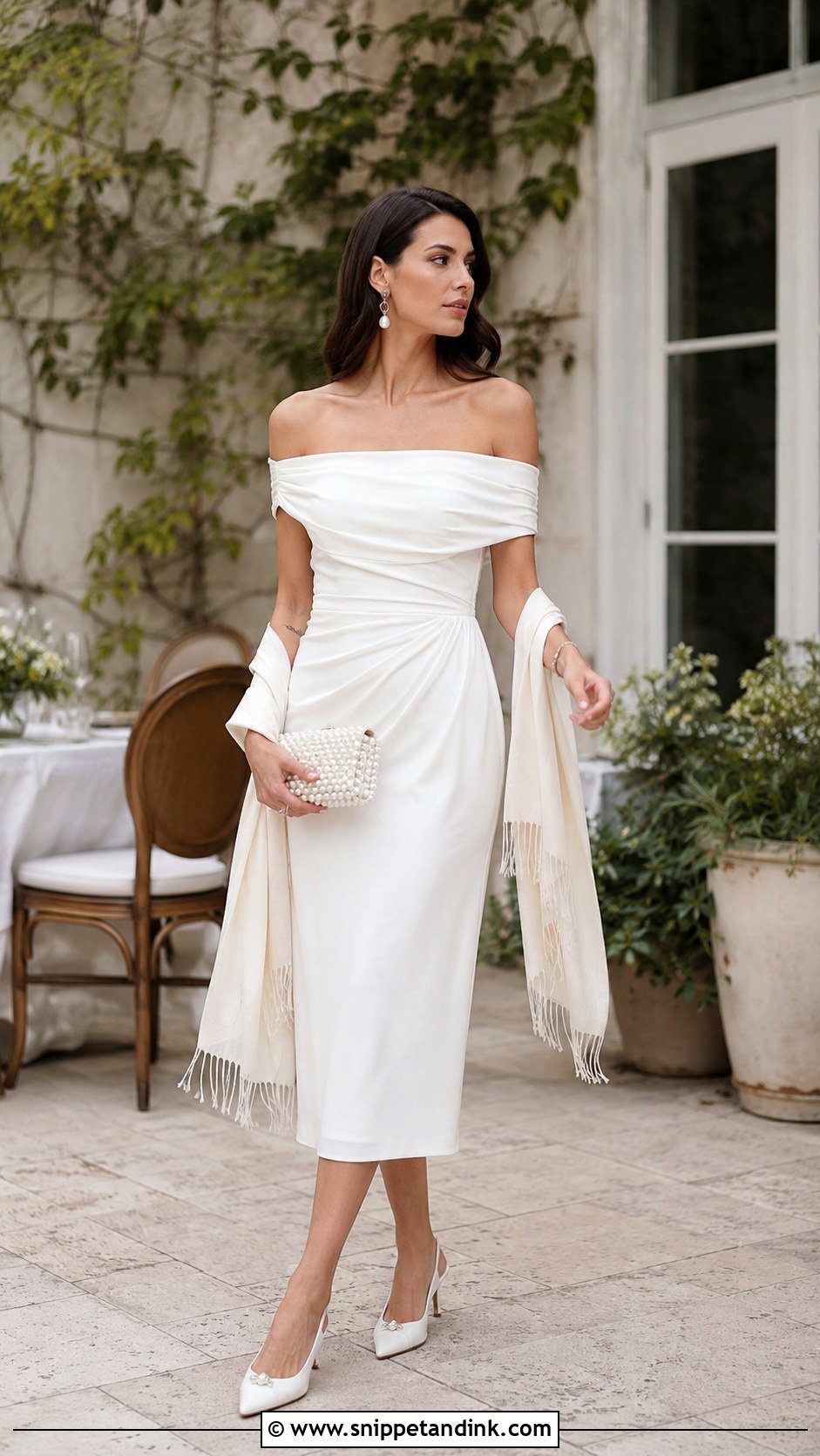 White Off Shoulder Midi Bridal Dinner Outfit - Snippet and Ink - 20 Bridal Dinner Outfit Ideas