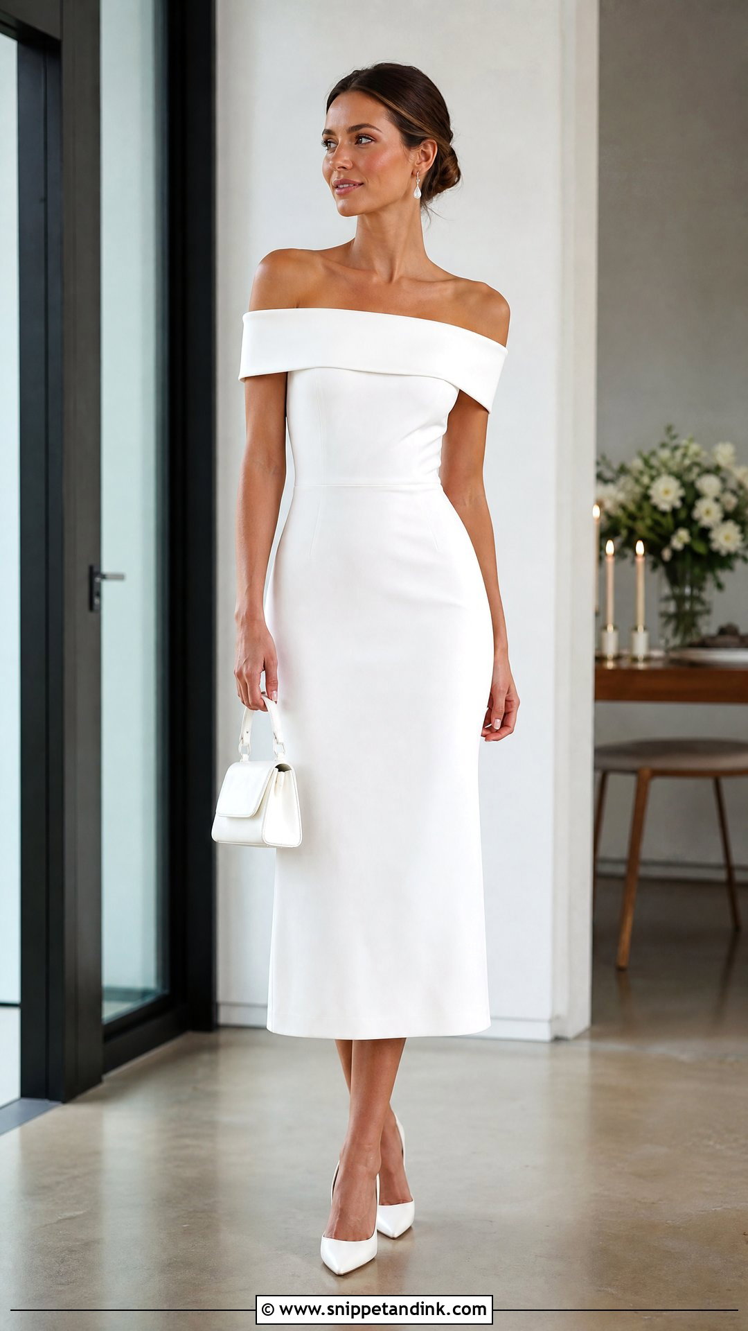 White Off Shoulder Midi Bridal Outfit - Snippet and Ink - 20 White Bridal Outfits