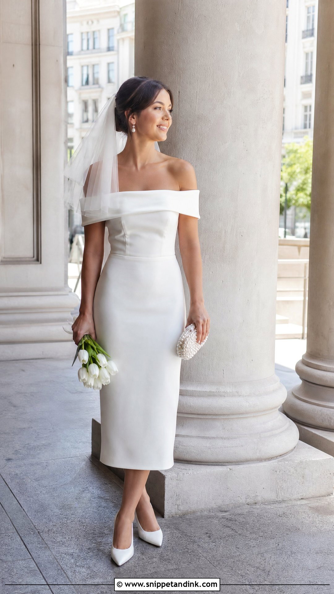 White Off Shoulder Midi Dress for Civil Wedding - Snippet and Ink - 20 White Dress for Civil Wedding Ideas