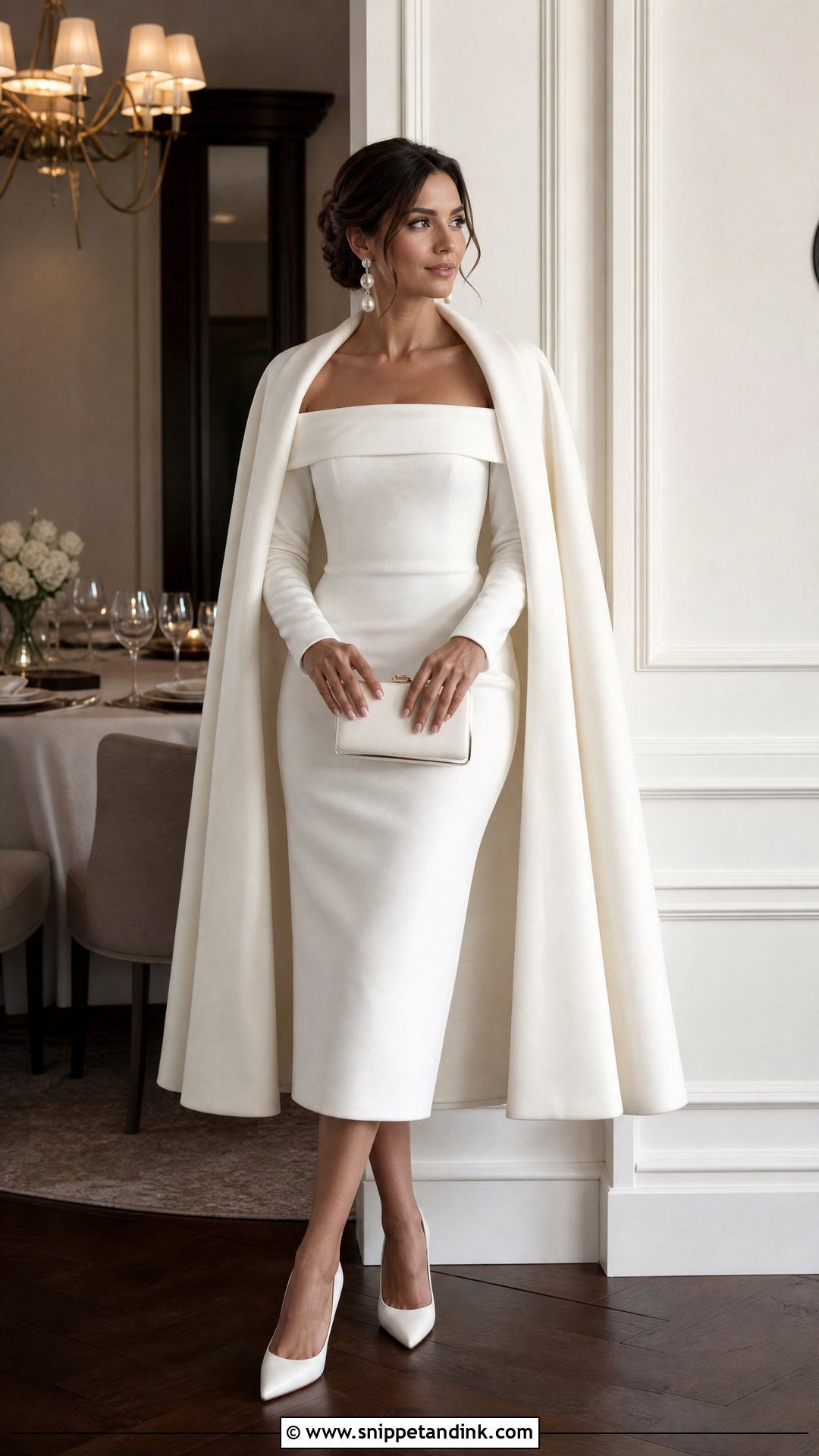 White Off Shoulder Rehearsal Dinner Dress - Snippet and Ink - 20 Winter Rehearsal Dinner Dress Ideas