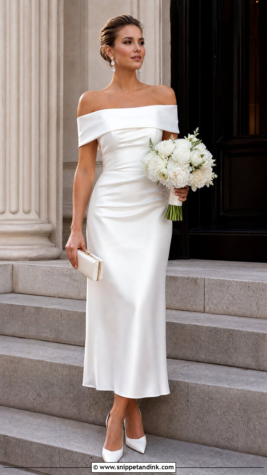 White Off Shoulder Satin Midi Wedding Dress - Snippet and Ink - 20 Midi White Wedding Dress Ideas