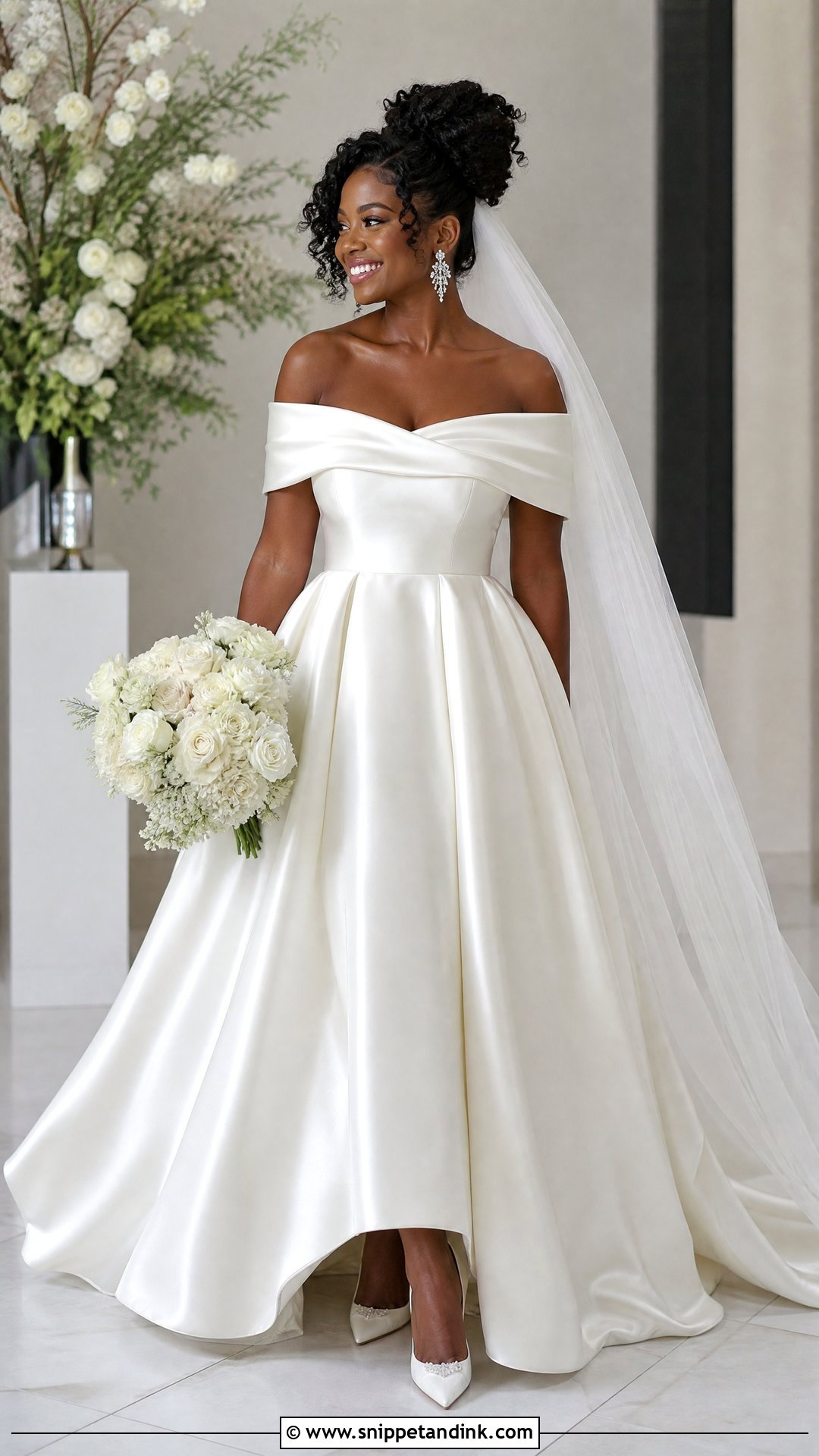 White Off Shoulder Satin Wedding Dress With Statement Earrings - Snippet and Ink - 20 White Wedding Dresses Black Women