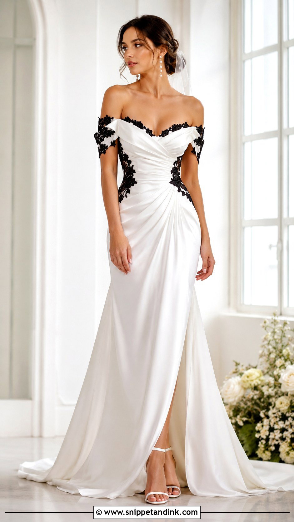 White Off Shoulder Wedding Dress With Black Lace Detail - Snippet and Ink - 25 White Wedding Dress with Black Lace Ideas