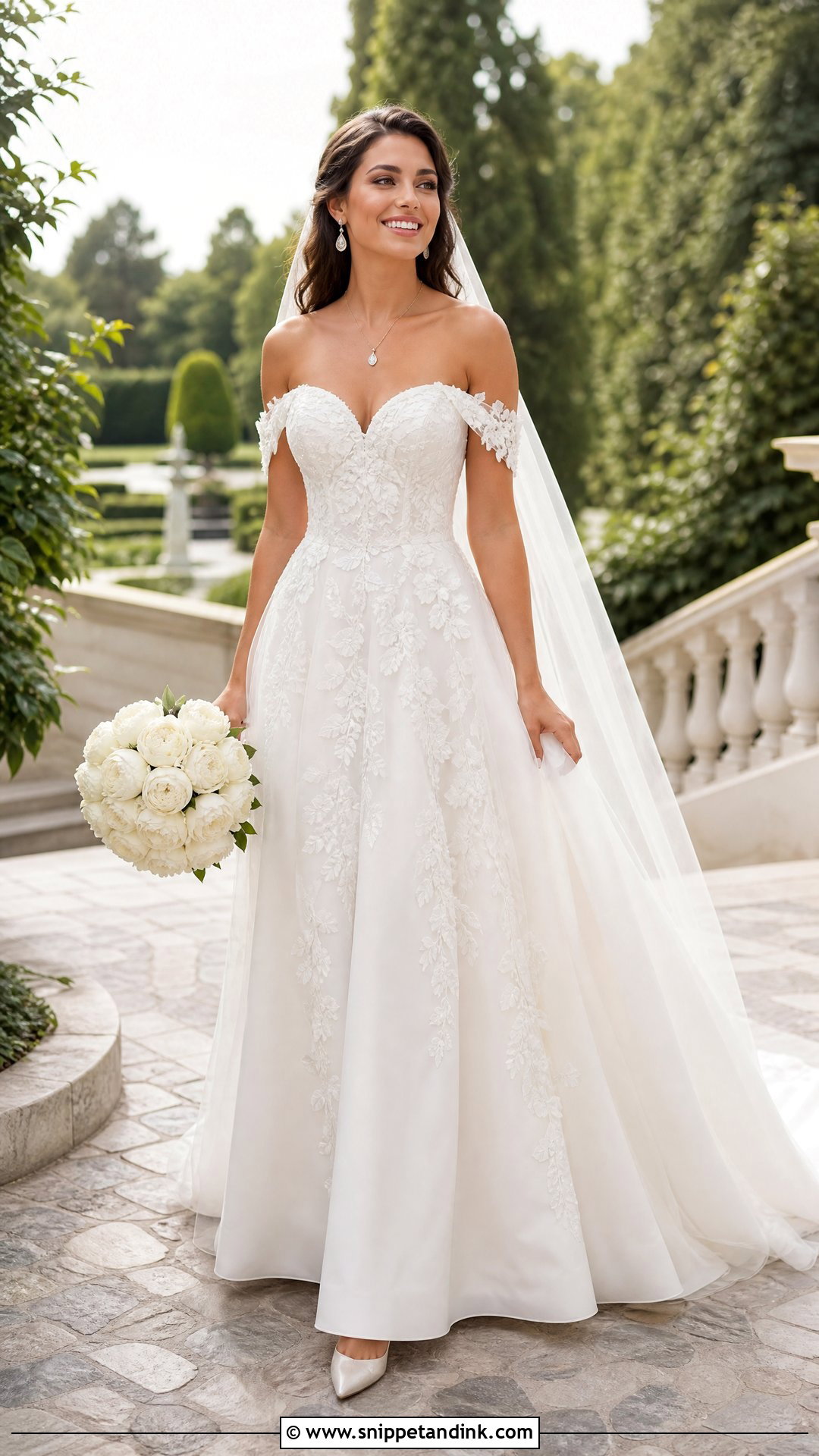 White Off Shoulder Wedding Dress With Floral Applique - Snippet and Ink - 20 White Wedding Dress with Flowers