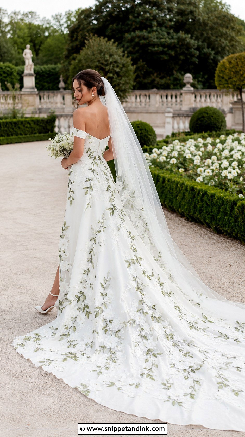 White Off Shoulder Wedding Dress With Green Floral Train - Snippet and Ink - 20 White and Green Wedding Dress Ideas