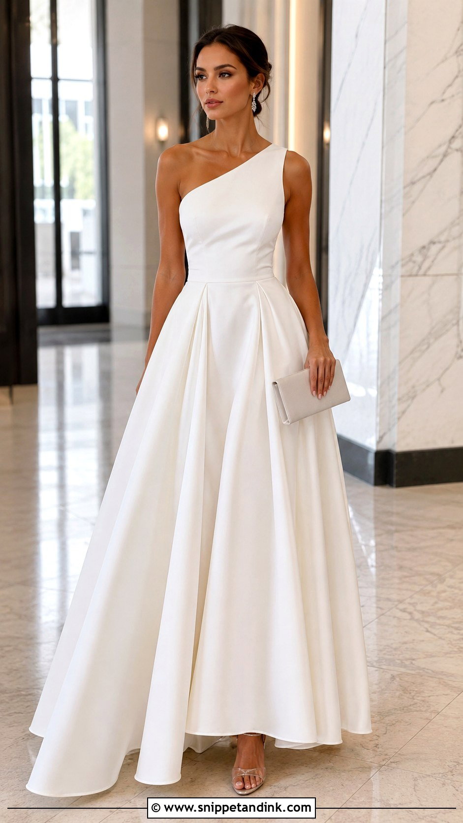 White One Shoulder Ball Gown With Drop Earrings - Snippet and Ink - 25 White Ball Gown Ideas