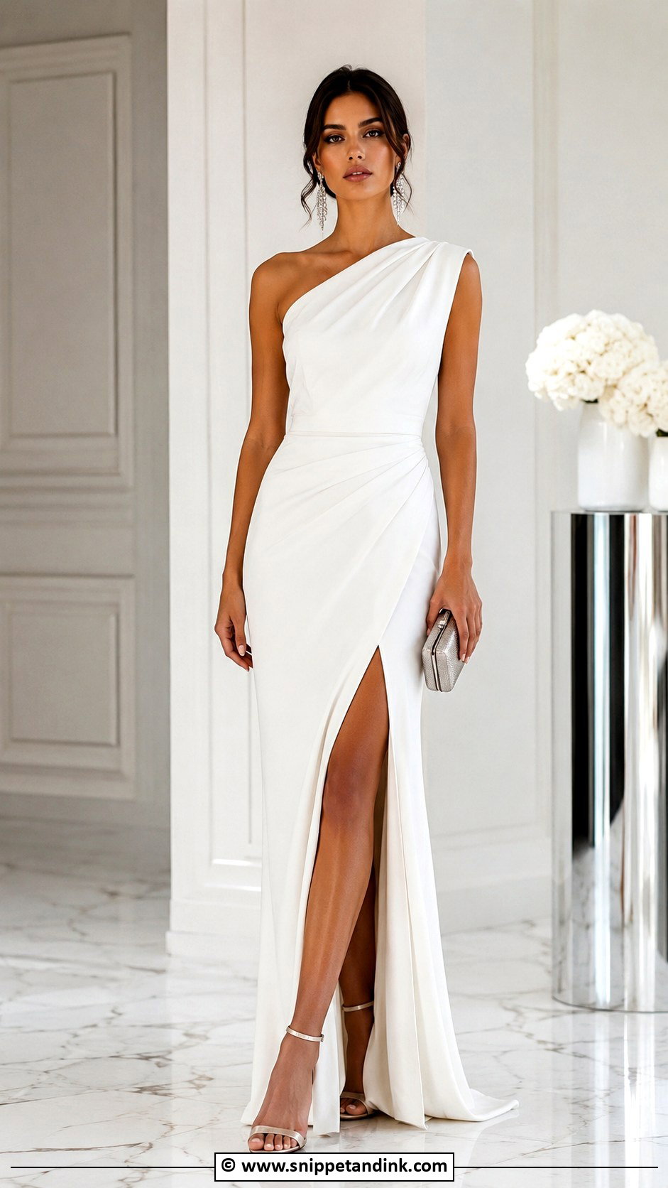 White One Shoulder Gown With Statement Earrings - Snippet and Ink - 30 Elegant Classy White Gowns
