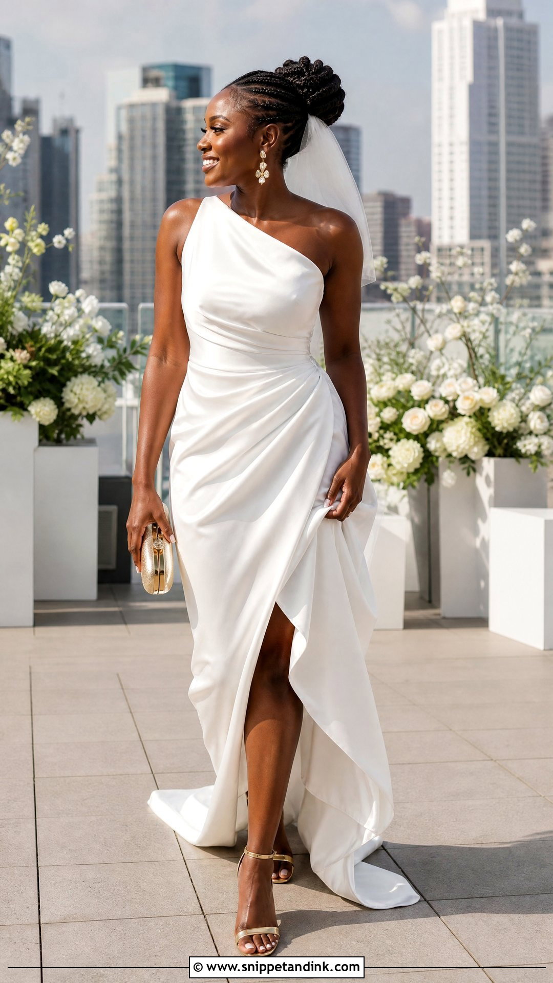 White One Shoulder Wedding Dress With Metallic Sandals - Snippet and Ink - 20 White Wedding Dresses Black Women