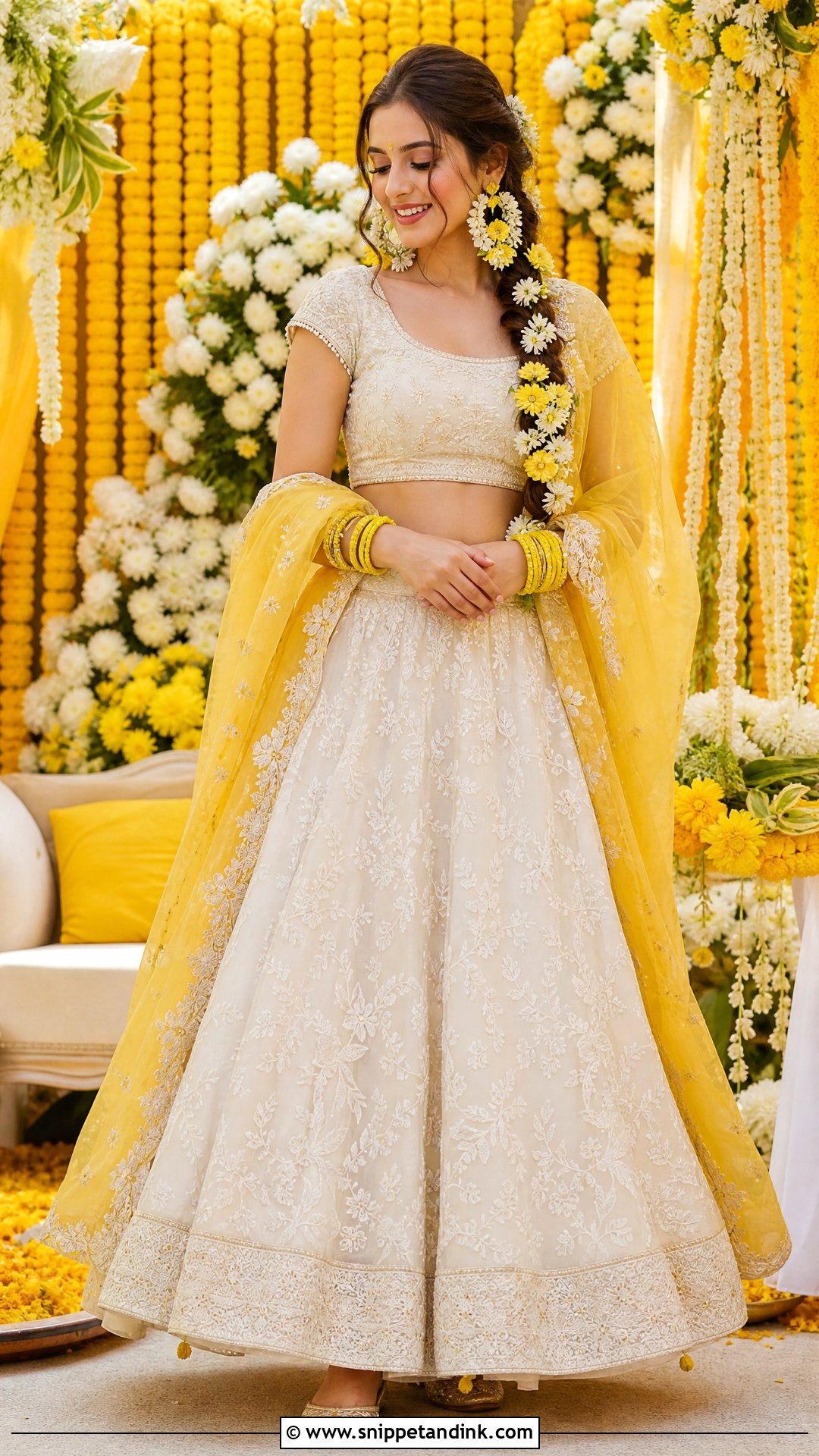 White Organza Lehenga Haldi Outfit - Snippet and Ink - 20 Organza Haldi Outfit Ideas