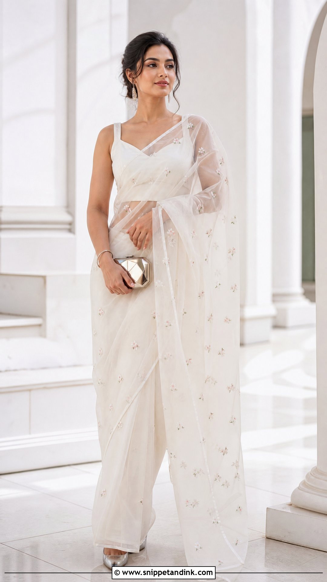 White Organza Saree With Sleeveless Blouse - Snippet and Ink - 20 Simple White Indian Dress Ideas