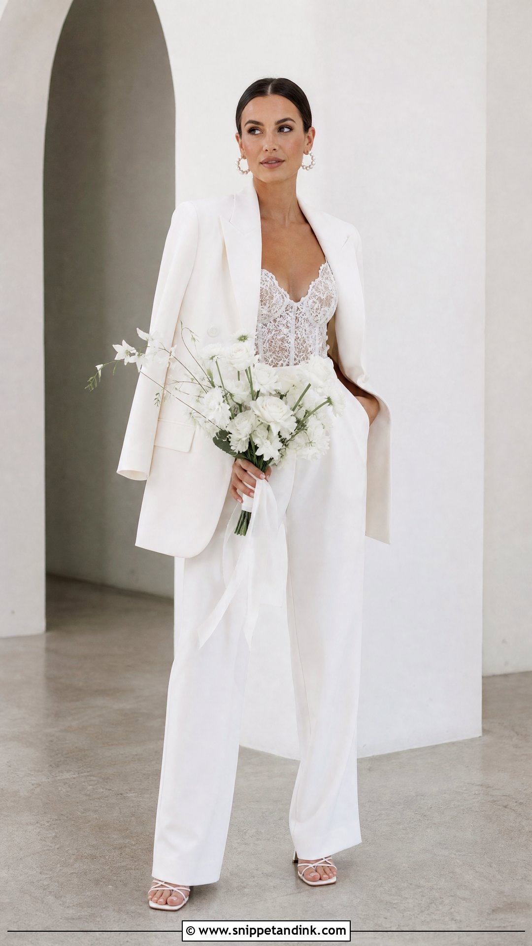 White Oversized Bridal Suit With Lace Bodysuit - Snippet and Ink - 20 White Bridal Suit Ideas