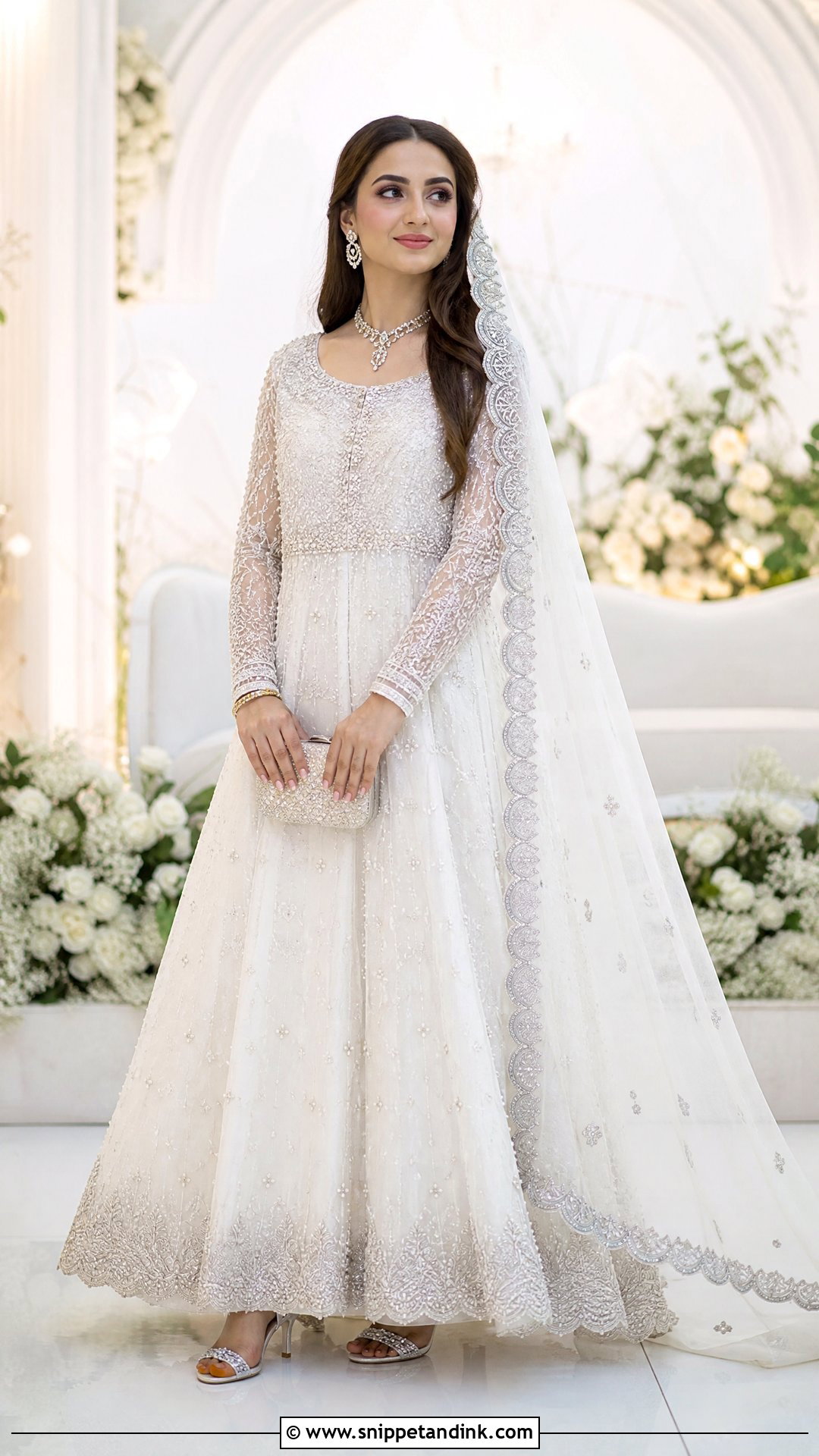 White Pakistani Bridal Gown With Silver Dupatta - Snippet and Ink - 20 Pakistani Bridal Gown Ideas