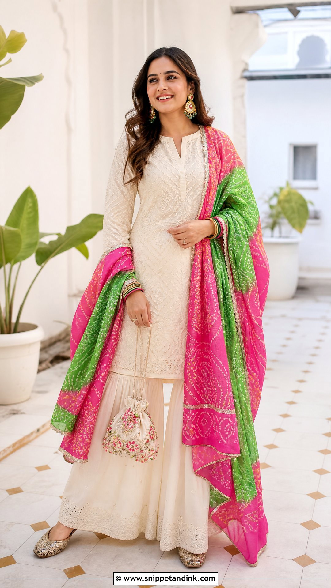 White Palazzo Suit With Colorful Dupatta - Snippet and Ink - 20 Palazos Outfit Indian Wedding Ideas