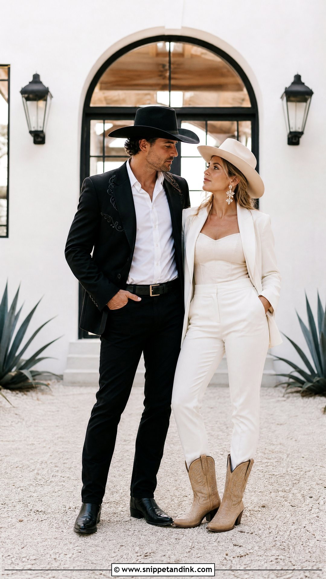 White Pantsuit And Cowboy Boots Outfit - Snippet and Ink - 20 Western Pre Wedding Shoot Outfit Ideas