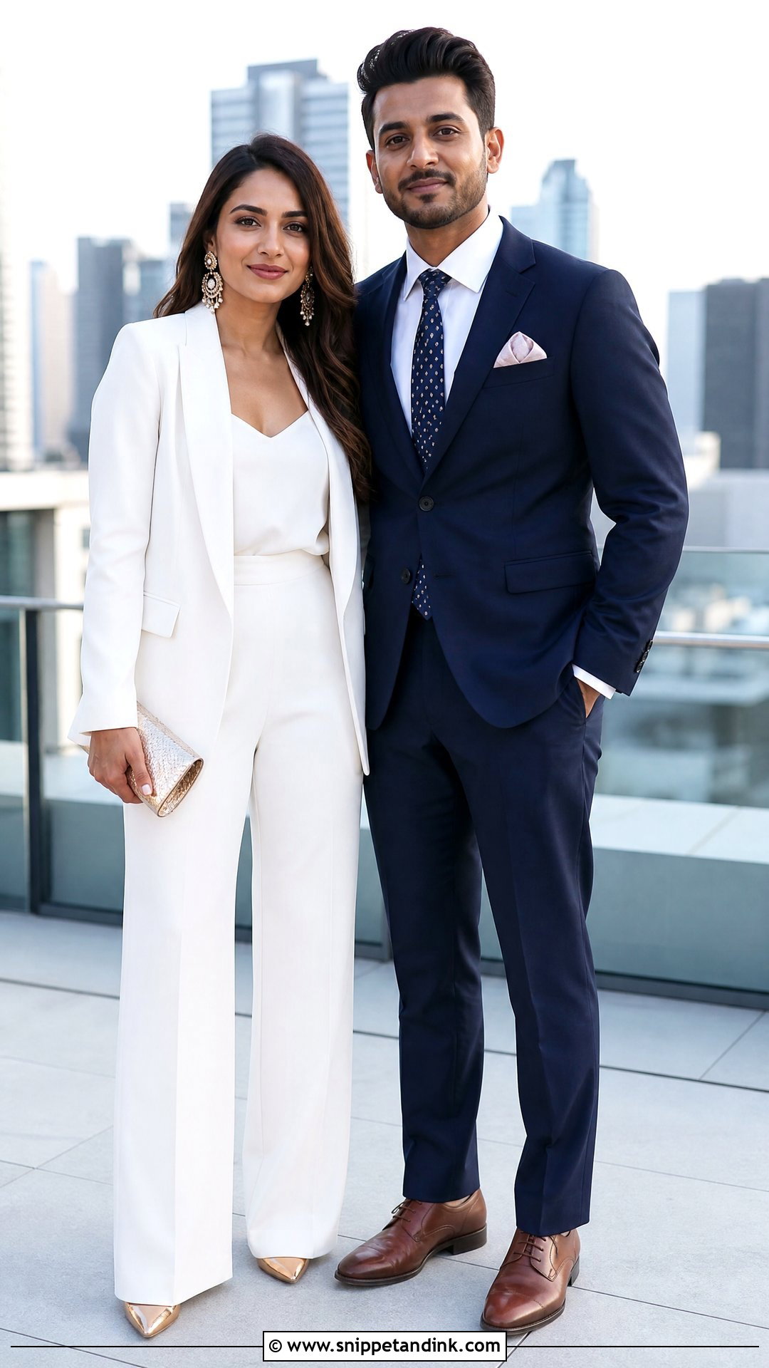 White Pantsuit And Navy Tailored Suit - Snippet and Ink - 20 Ring Ceremony Couple Dress Ideas