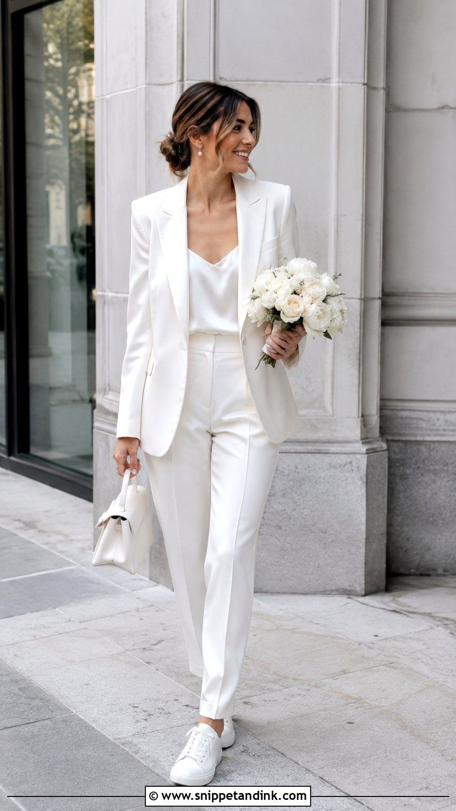 White Pantsuit And Sneakers Bride Outfit - Snippet and Ink - 20 Bride Outfit Ideas