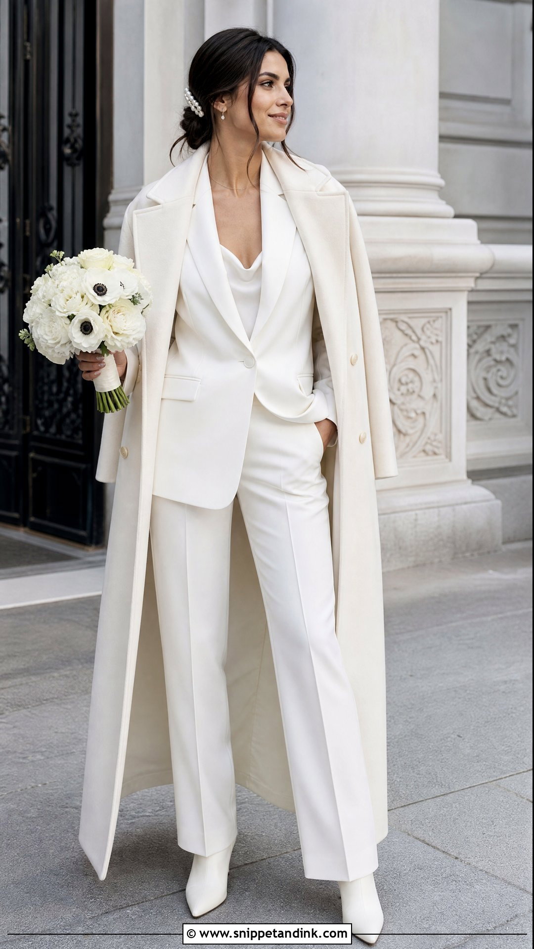 White Pantsuit Civil Wedding Outfit - Snippet and Ink - 20 Winter Civil Wedding Dress Ideas