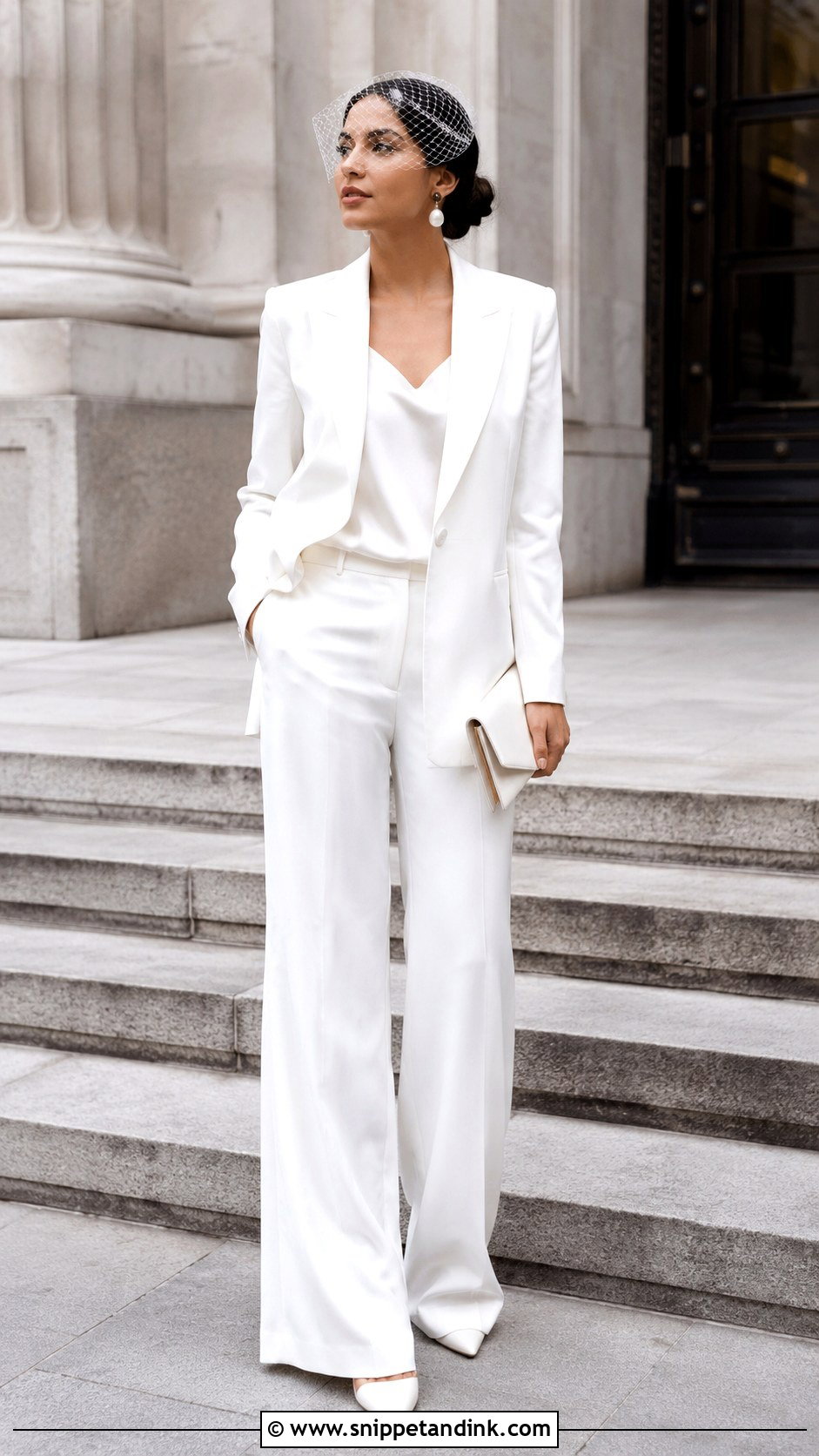 White Pantsuit Courthouse Wedding Outfit - Snippet and Ink - 20 Courthouse Wedding Outfit Bride Ideas