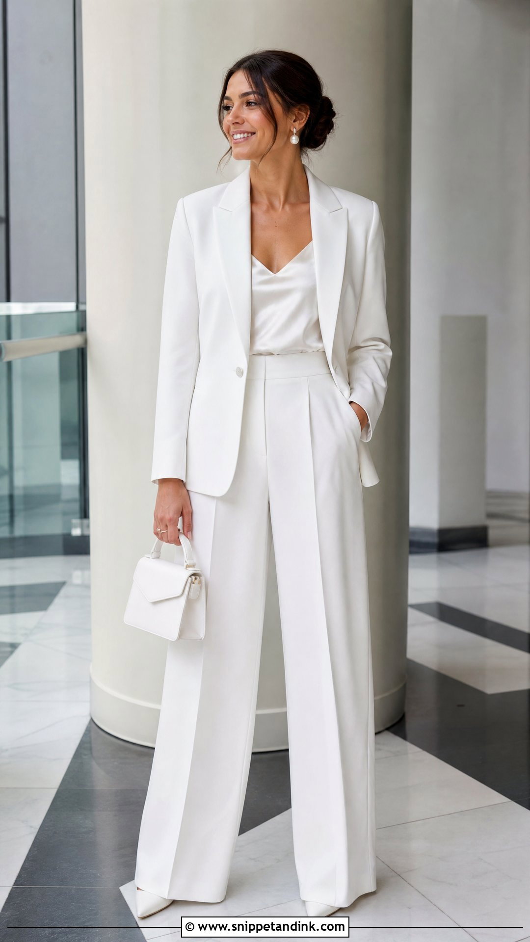 White Pantsuit With Satin Camisole And Pumps - Snippet and Ink - 20 Second Marriage Wedding Dresses