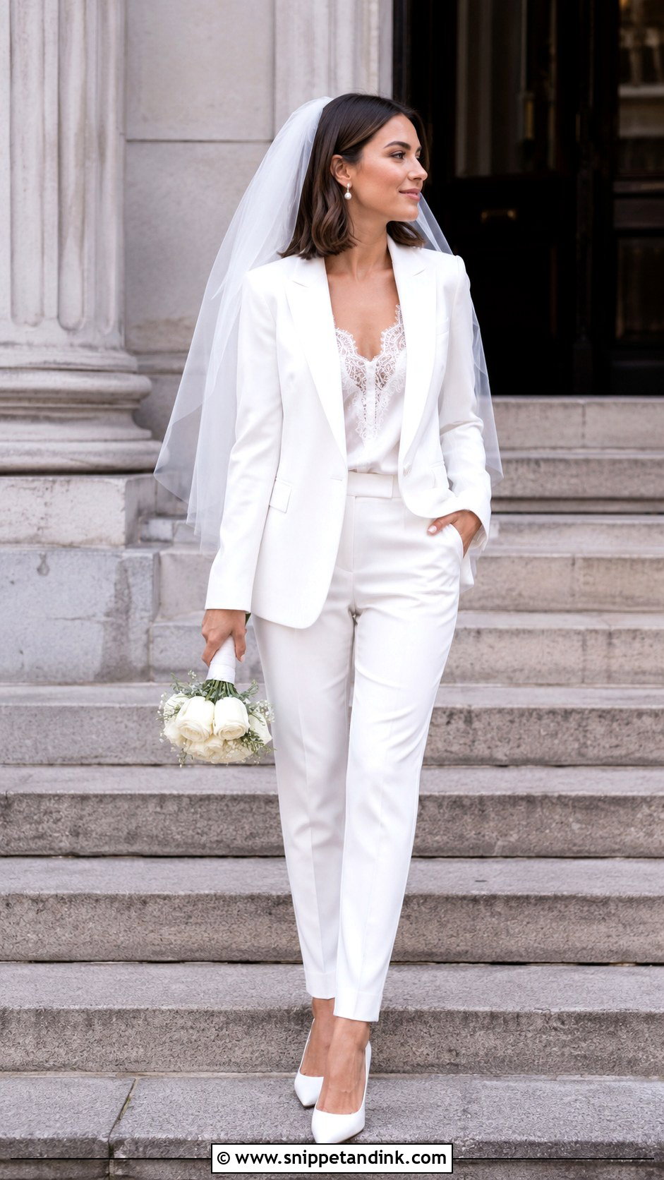 White Pantsuit With Veil Civil Marriage Outfit - Snippet and Ink - 25 Civil Marriage Outfit Ideas