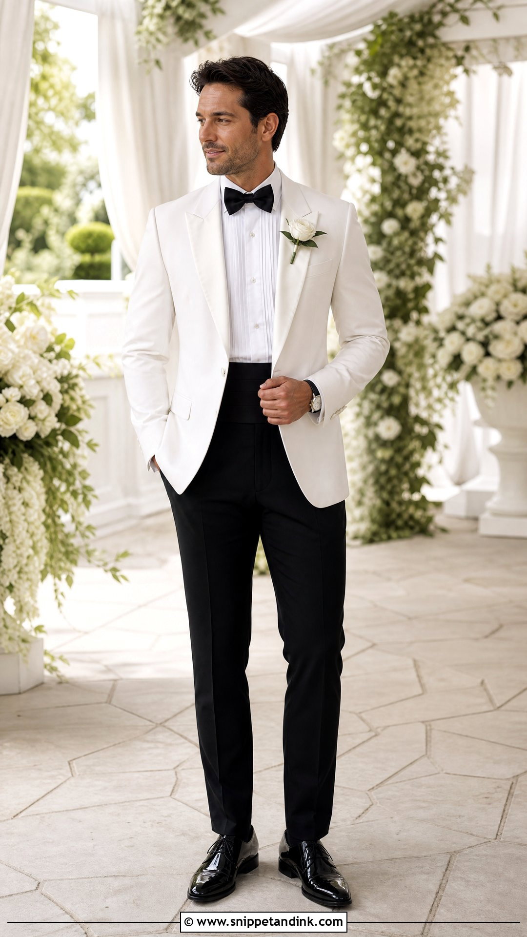 White Peak Lapel Tuxedo With Black Bow Tie - Snippet and Ink - 20 White and Black Tuxedo Wedding Ideas
