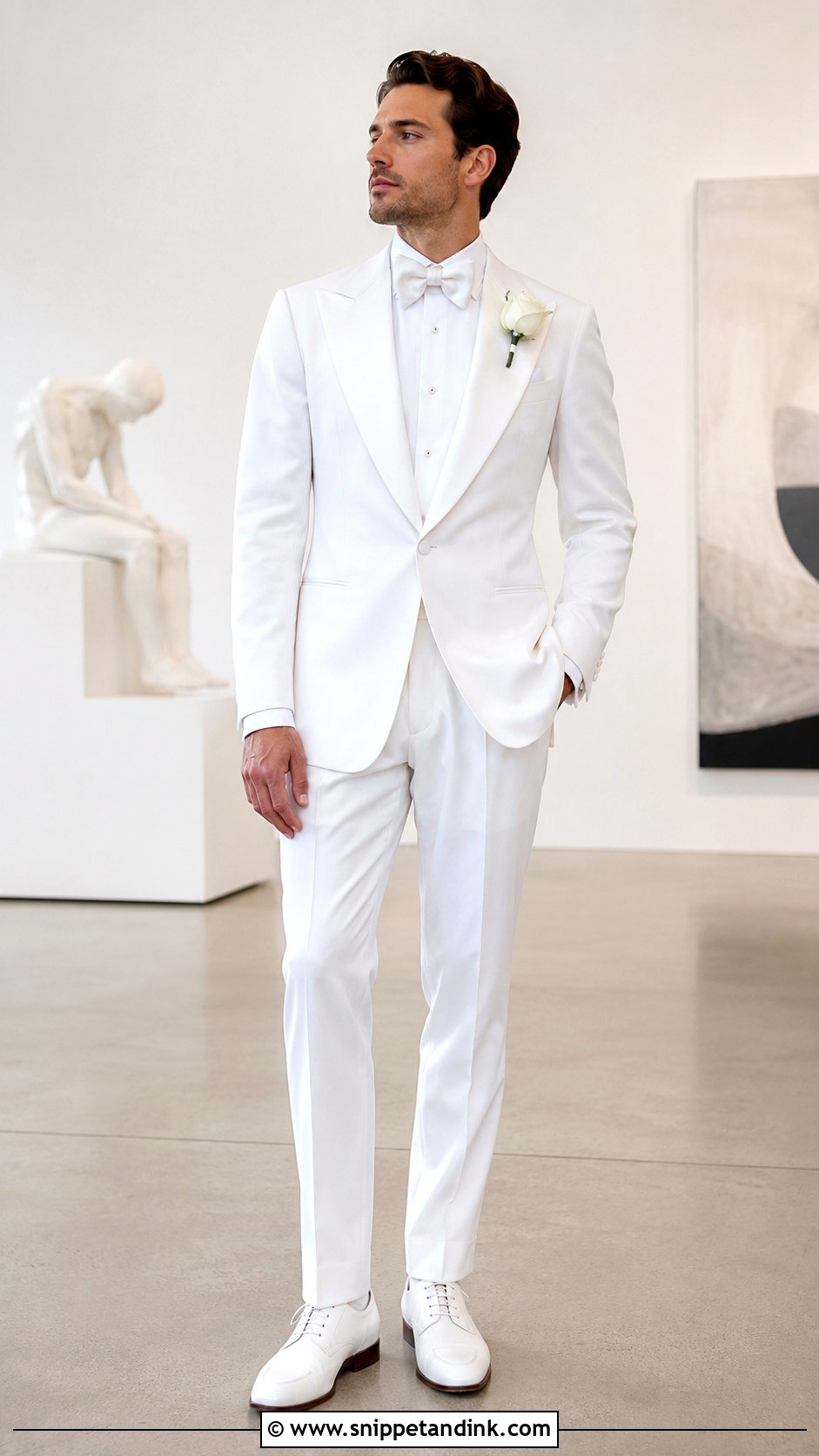 White Peak Lapel Tuxedo - Snippet and Ink - 20 All White Tuxedo Wedding Ideas