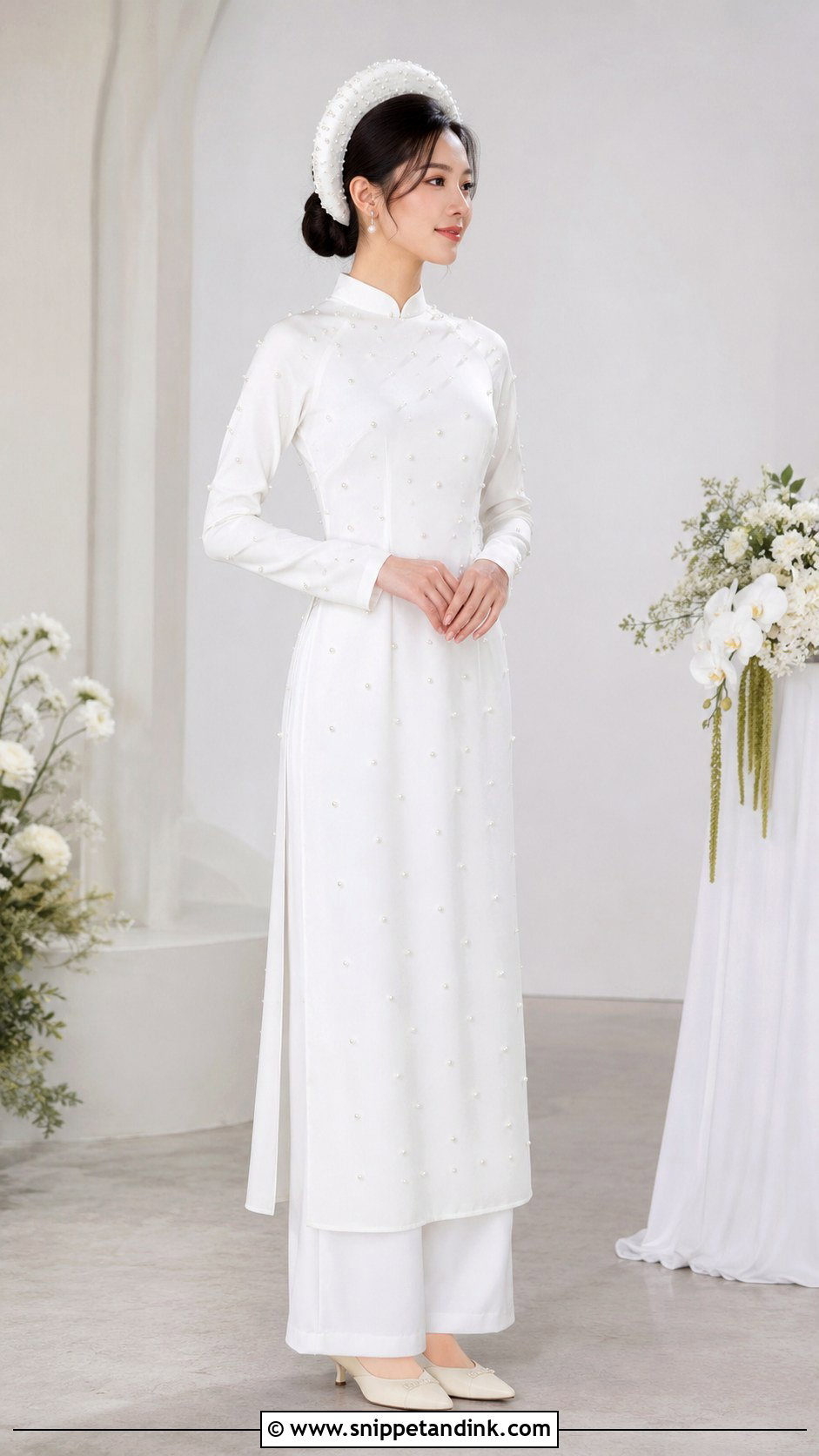 White Pearl Beaded Bridal Ao Dai - Snippet and Ink - 20 Vietnamese Wedding Ao Dai Ideas