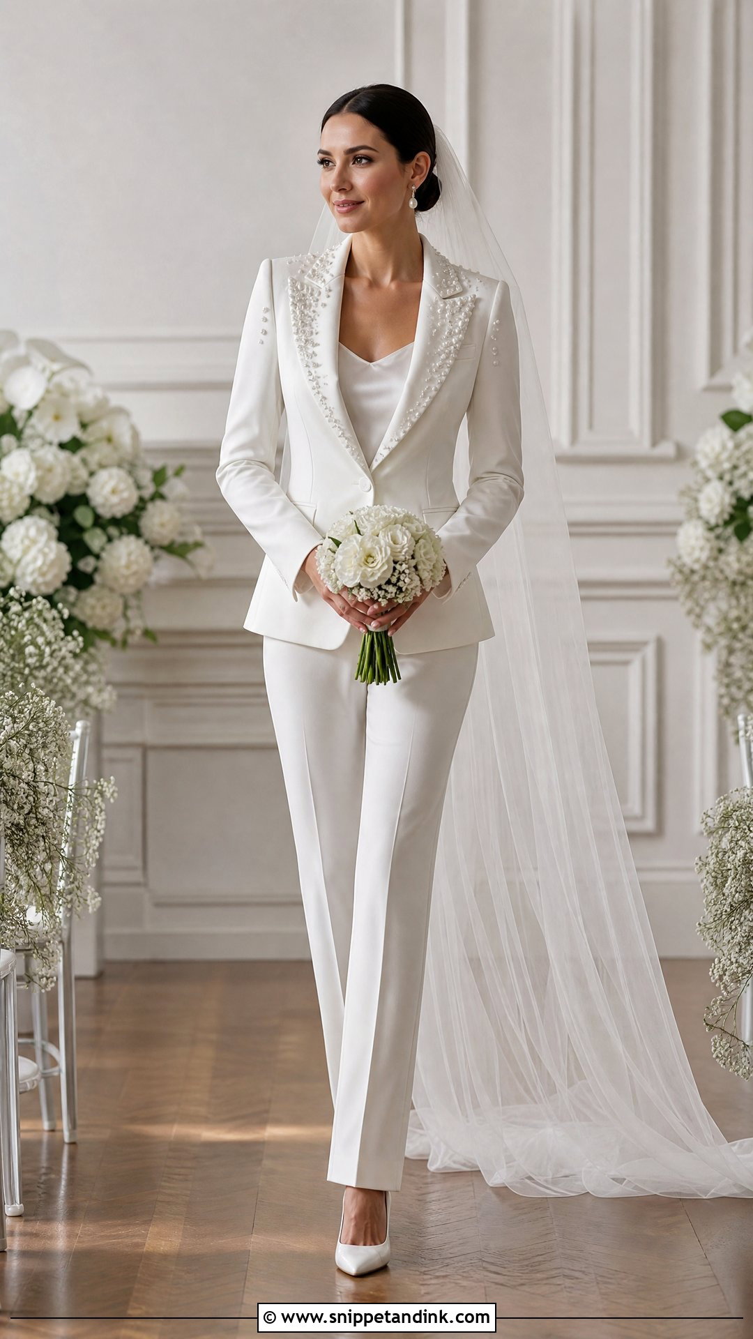 White Pearl Embellished Bridal Suit With Simple Pumps - Snippet and Ink - 20 White Bridal Suit Ideas